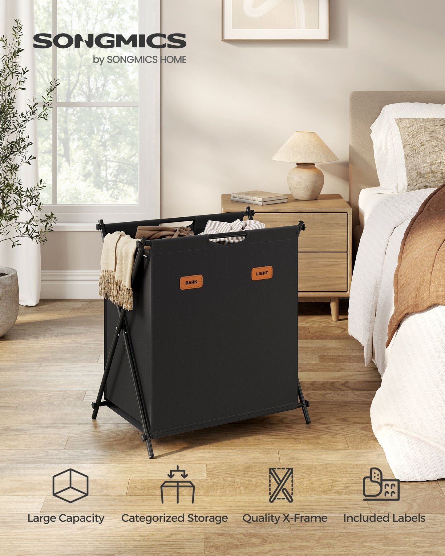 Laundry Hamper 2 Sections with Collapsible X-Frame, 30.4 Gal.