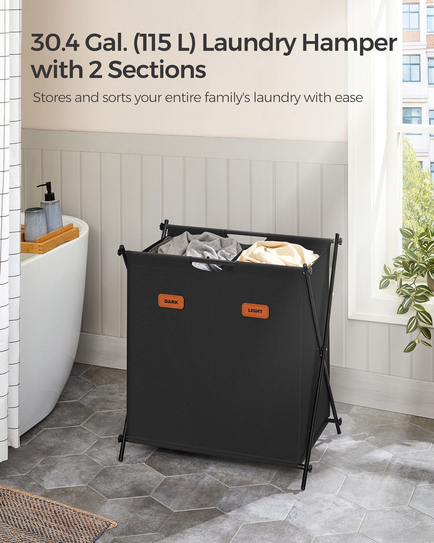 Laundry Hamper 2 Sections with Collapsible X-Frame, 30.4 Gal.