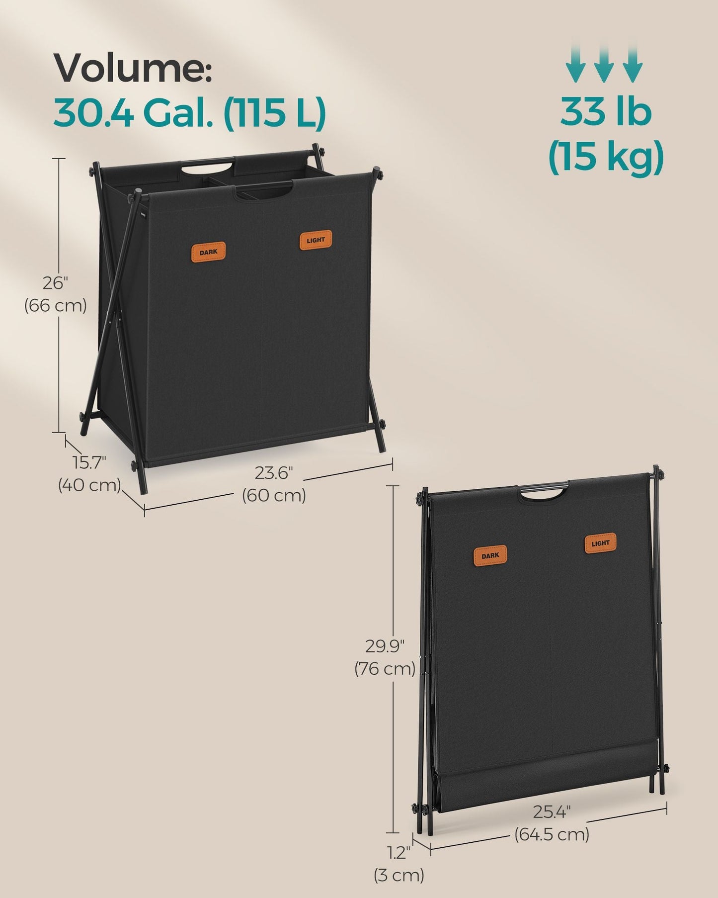 Laundry Hamper 2 Sections with Collapsible X-Frame, 30.4 Gal.