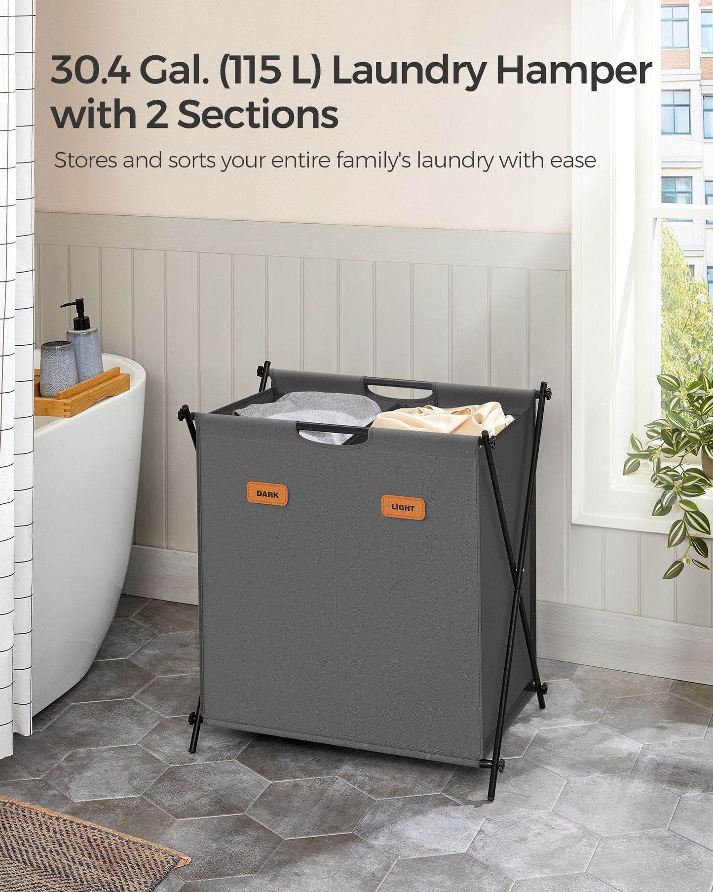 Laundry Hamper 2 Sections with Collapsible X-Frame, 30.4 Gal.