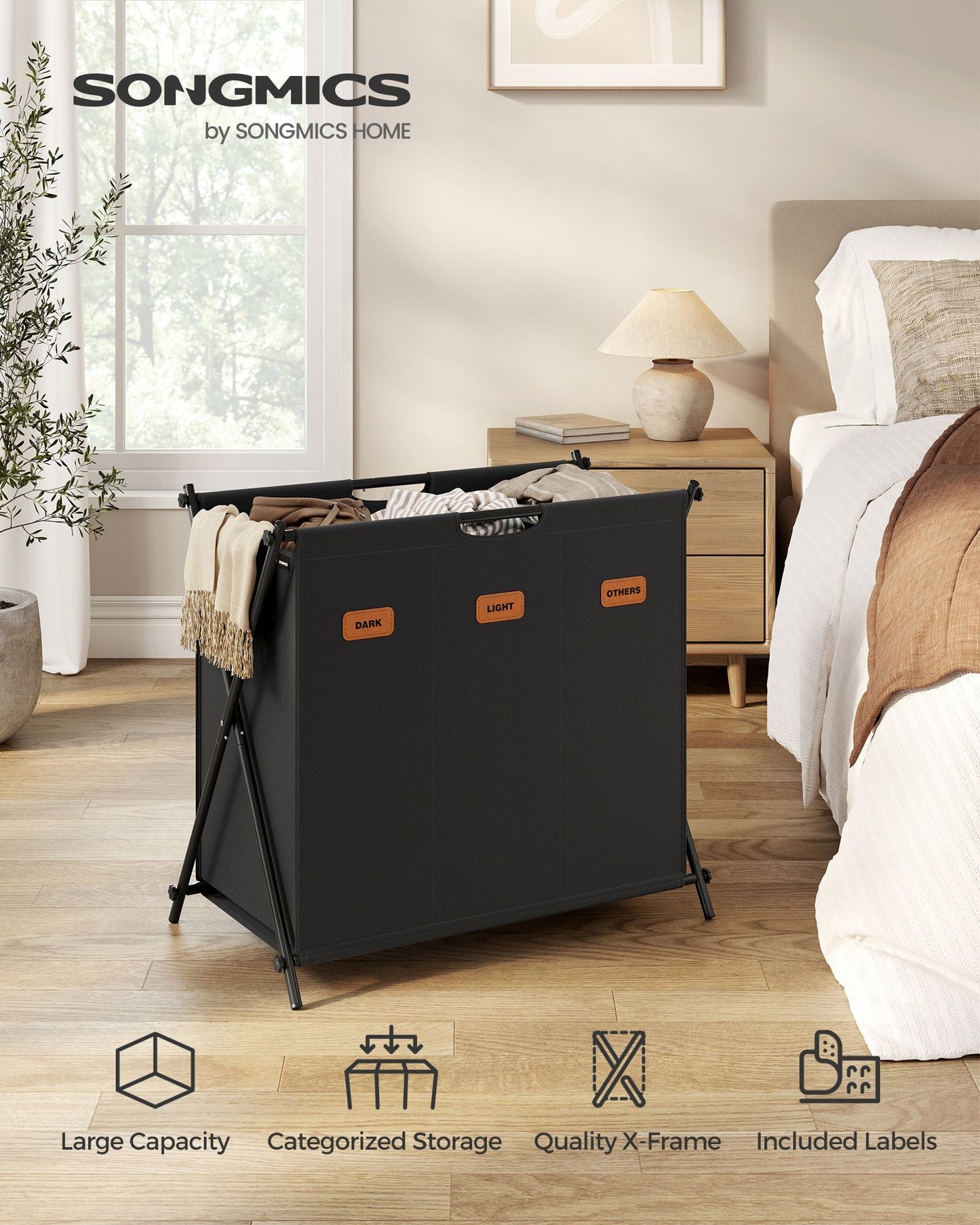 Laundry Hamper 3 Sections with Collapsible X-Frame, 35.7 Gal.