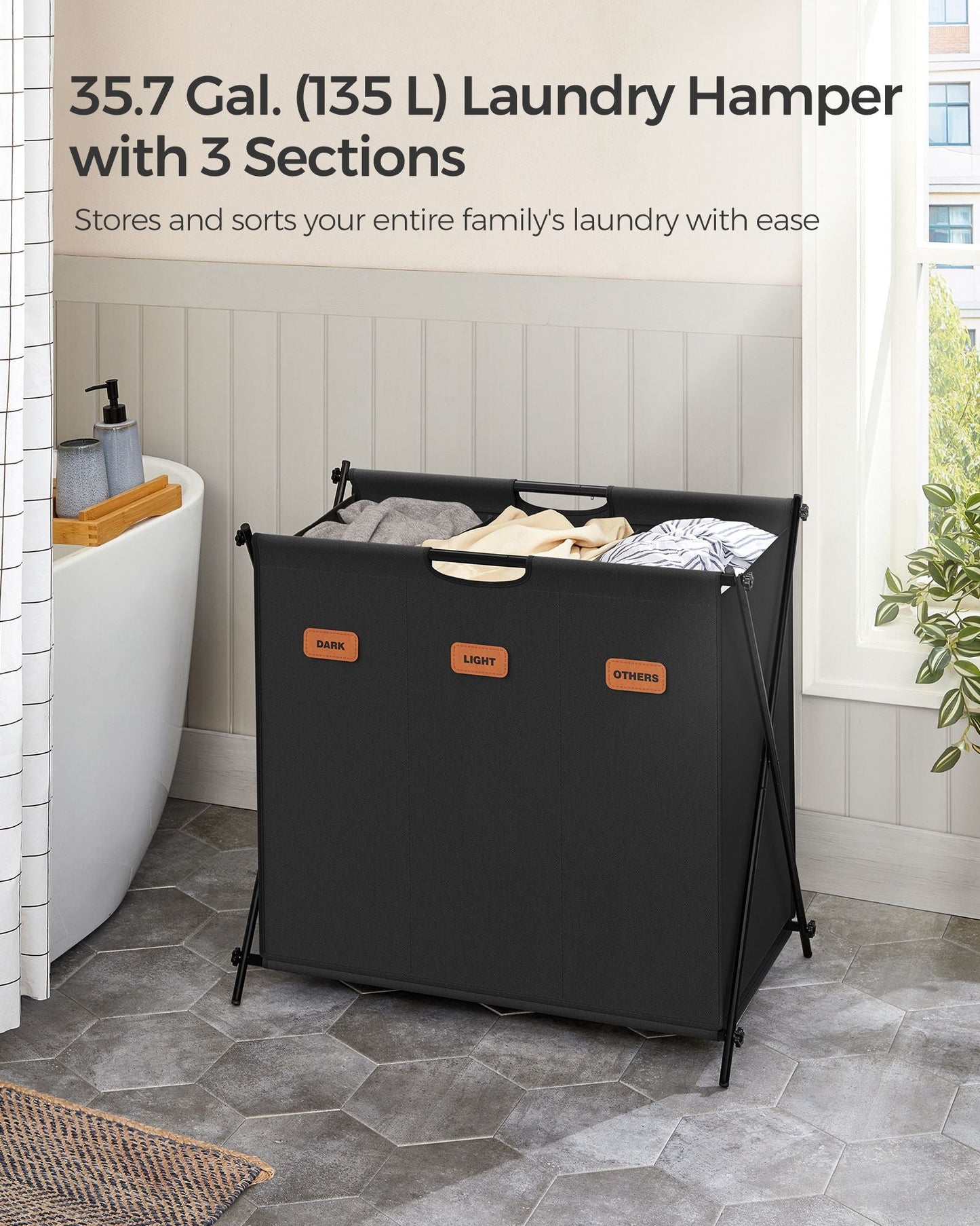 Laundry Hamper 3 Sections with Collapsible X-Frame, 35.7 Gal.