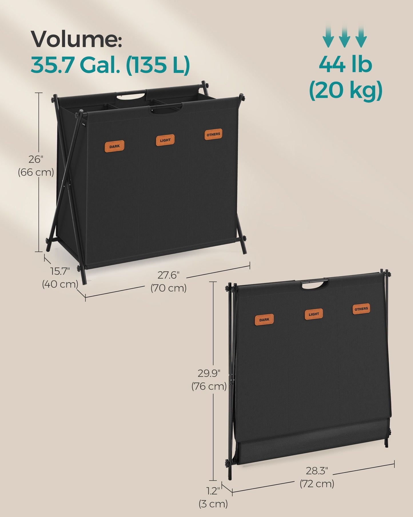 Laundry Hamper 3 Sections with Collapsible X-Frame, 35.7 Gal.