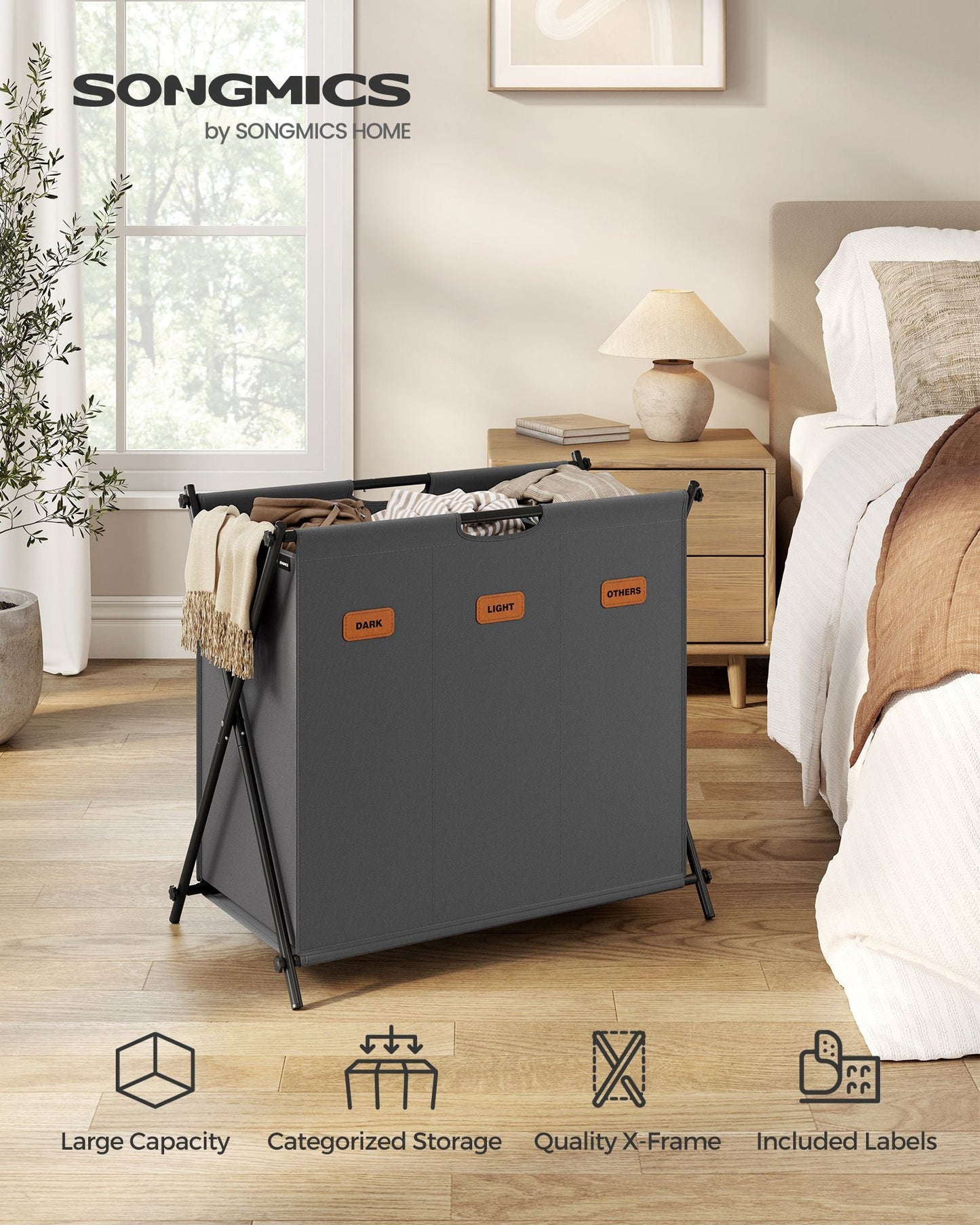 Laundry Hamper 3 Sections with Collapsible X-Frame, 35.7 Gal.