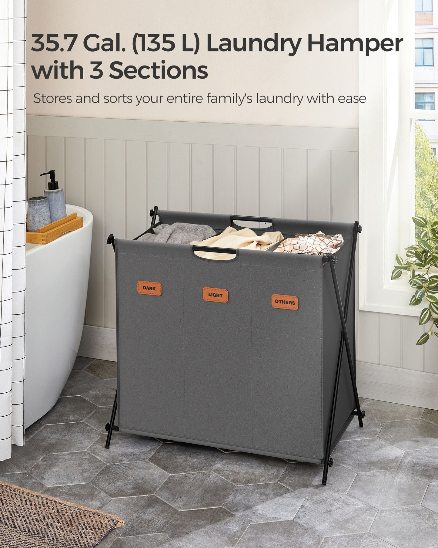 Laundry Hamper 3 Sections with Collapsible X-Frame, 35.7 Gal.