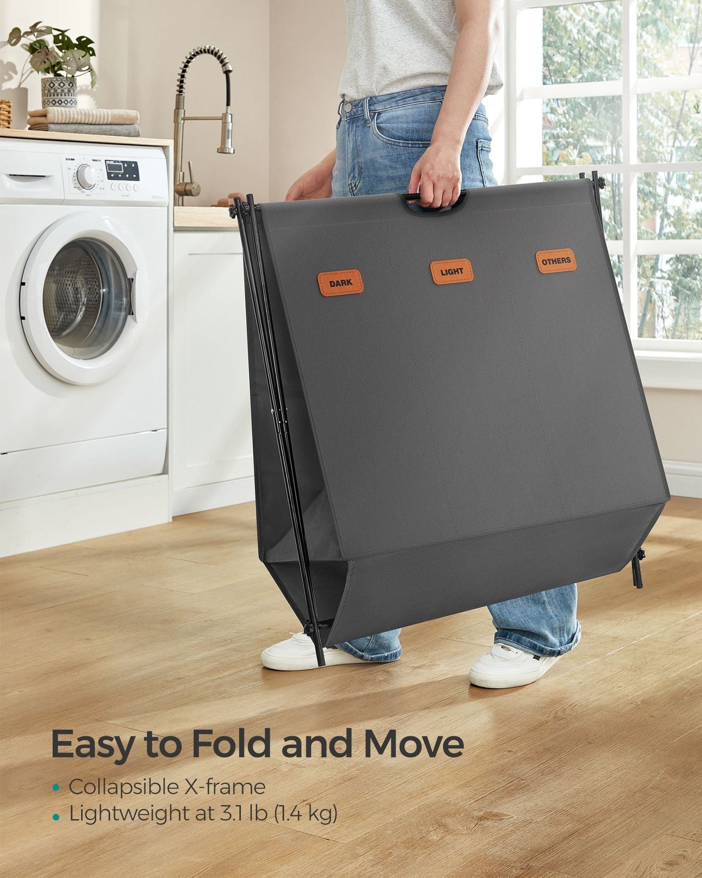 Laundry Hamper 3 Sections with Collapsible X-Frame, 35.7 Gal.