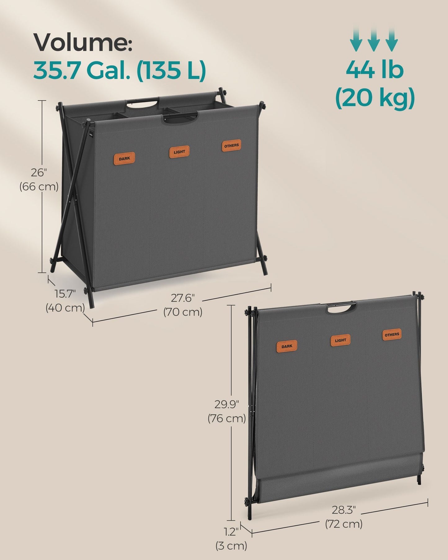 Laundry Hamper 3 Sections with Collapsible X-Frame, 35.7 Gal.