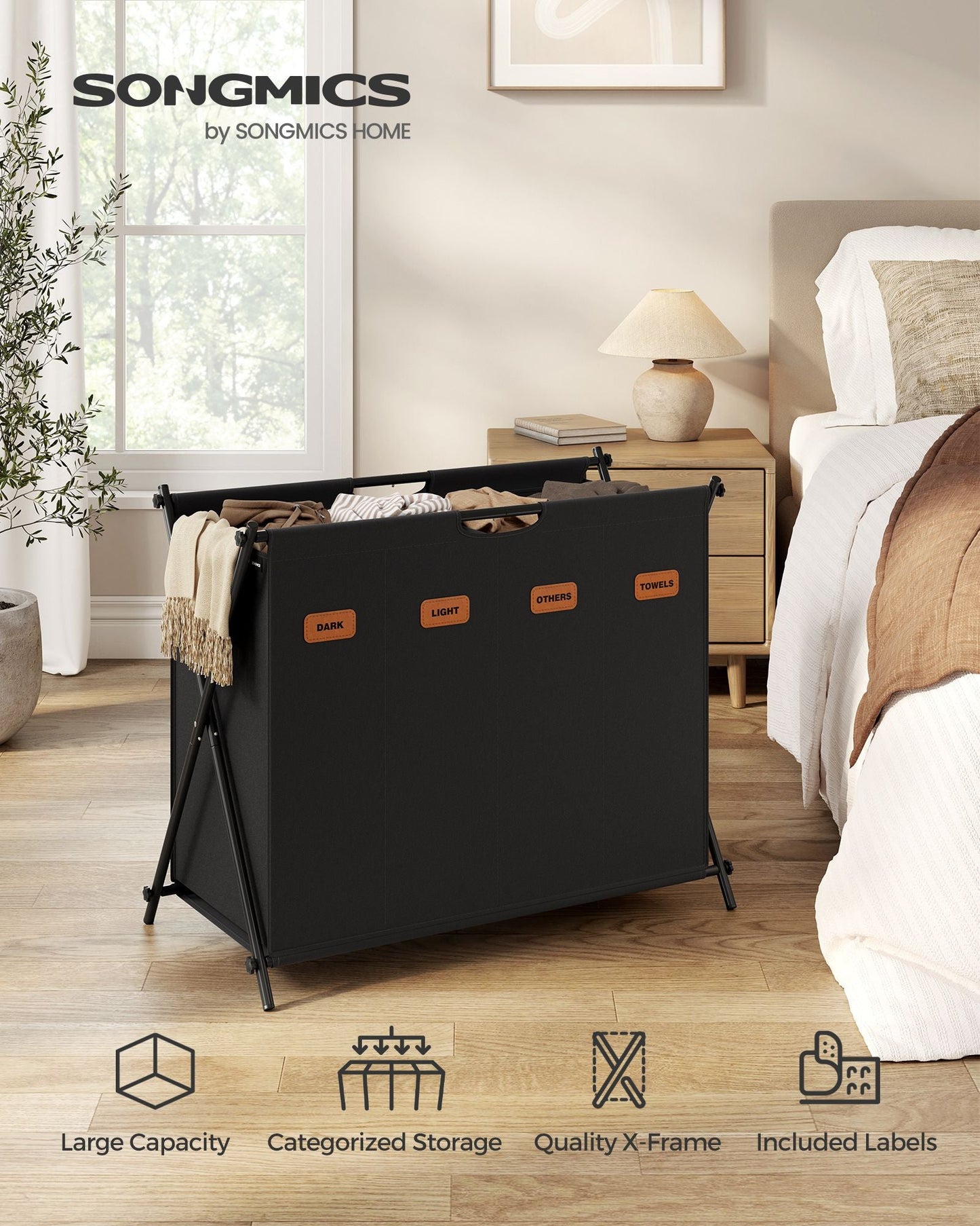 Laundry Hamper 4 Sections with Collapsible X-Frame, 40.9 Gal.