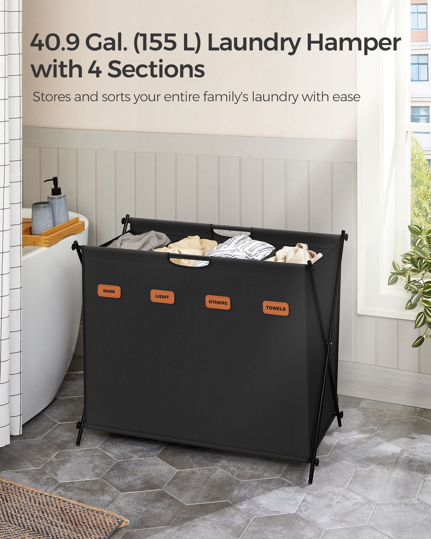 Laundry Hamper 4 Sections with Collapsible X-Frame, 40.9 Gal.