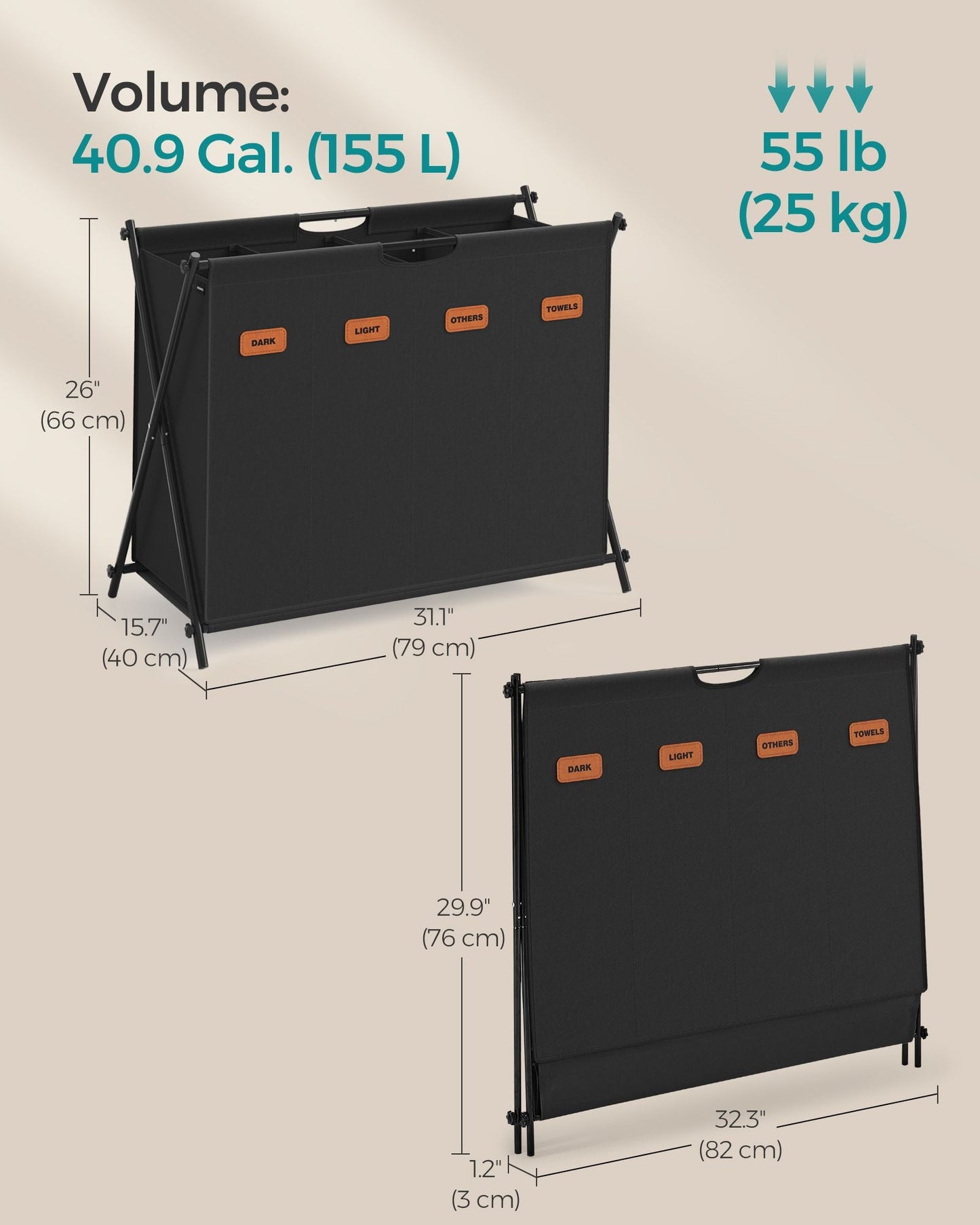 Laundry Hamper 4 Sections with Collapsible X-Frame, 40.9 Gal.