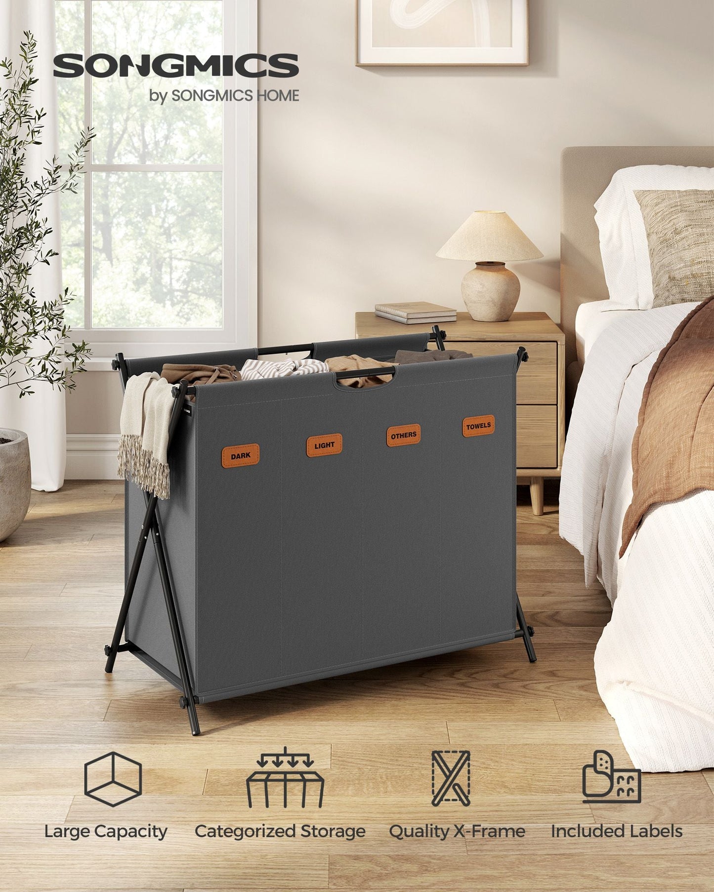 Laundry Hamper 4 Sections with Collapsible X-Frame, 40.9 Gal.