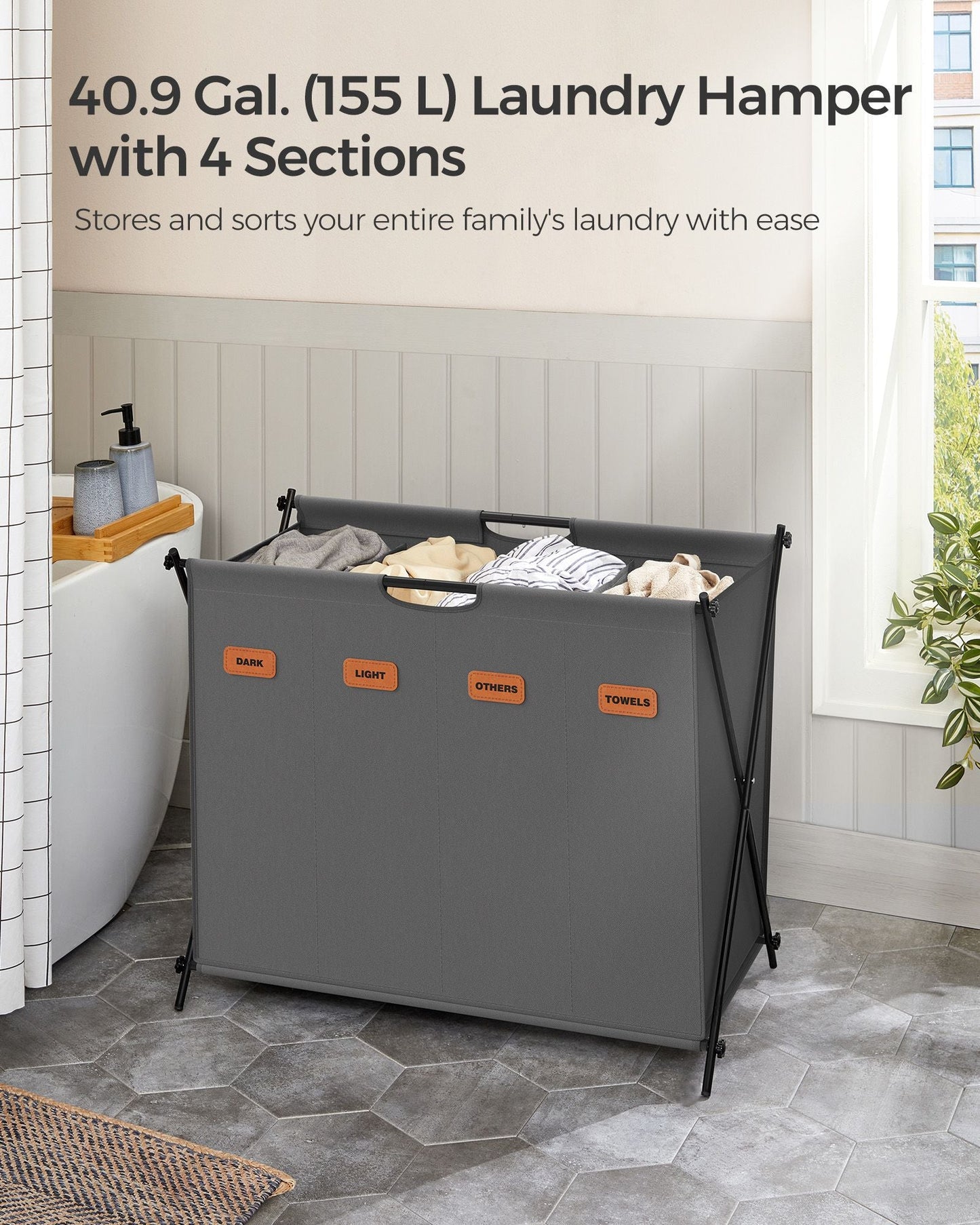 Laundry Hamper 4 Sections with Collapsible X-Frame, 40.9 Gal.