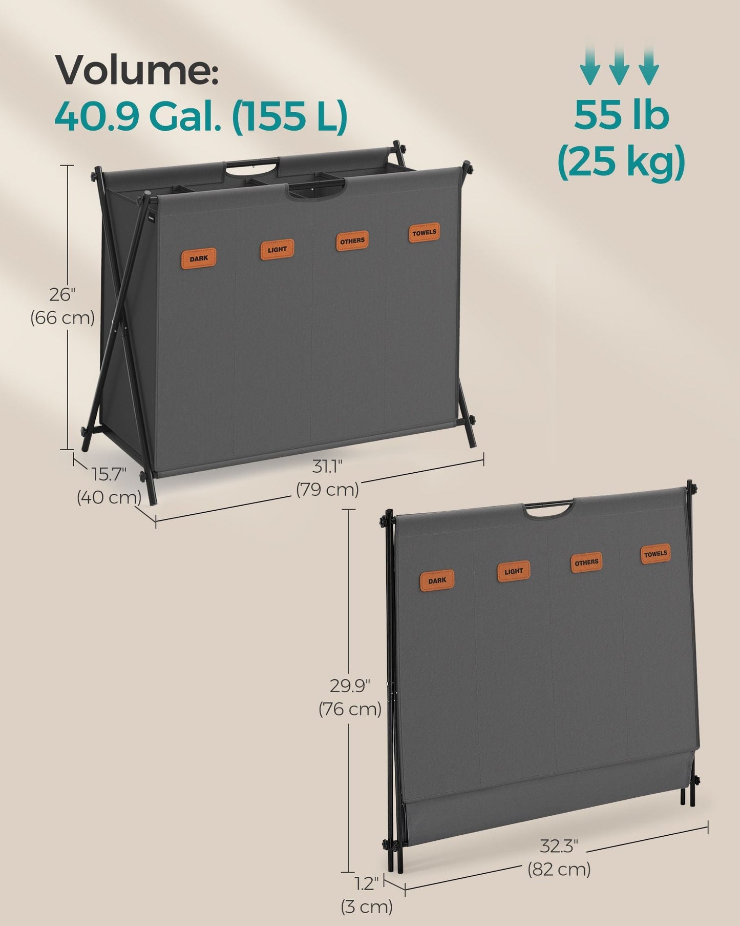 Laundry Hamper 4 Sections with Collapsible X-Frame, 40.9 Gal.