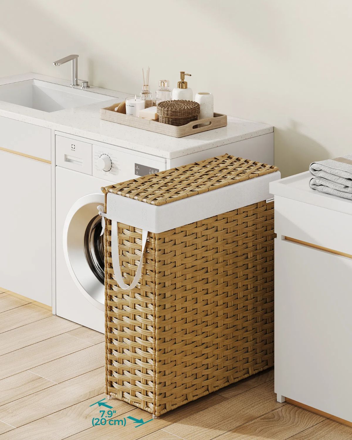 Slim Rattan Laundry Hamper with Lid and Handles, 14.5 Gallon (55L)