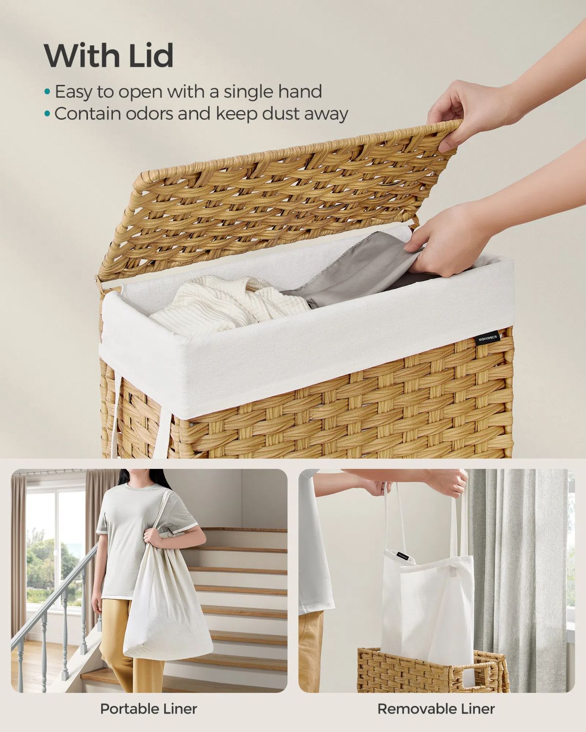 Slim Rattan Laundry Hamper with Lid and Handles, 14.5 Gallon (55L)