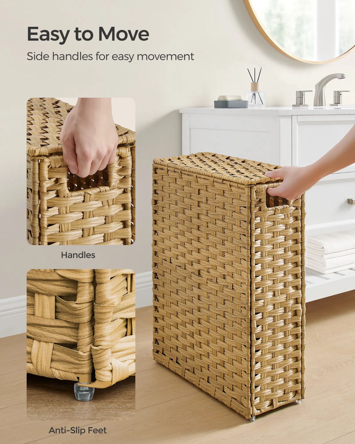 Slim Rattan Laundry Hamper with Lid and Handles, 14.5 Gallon (55L)