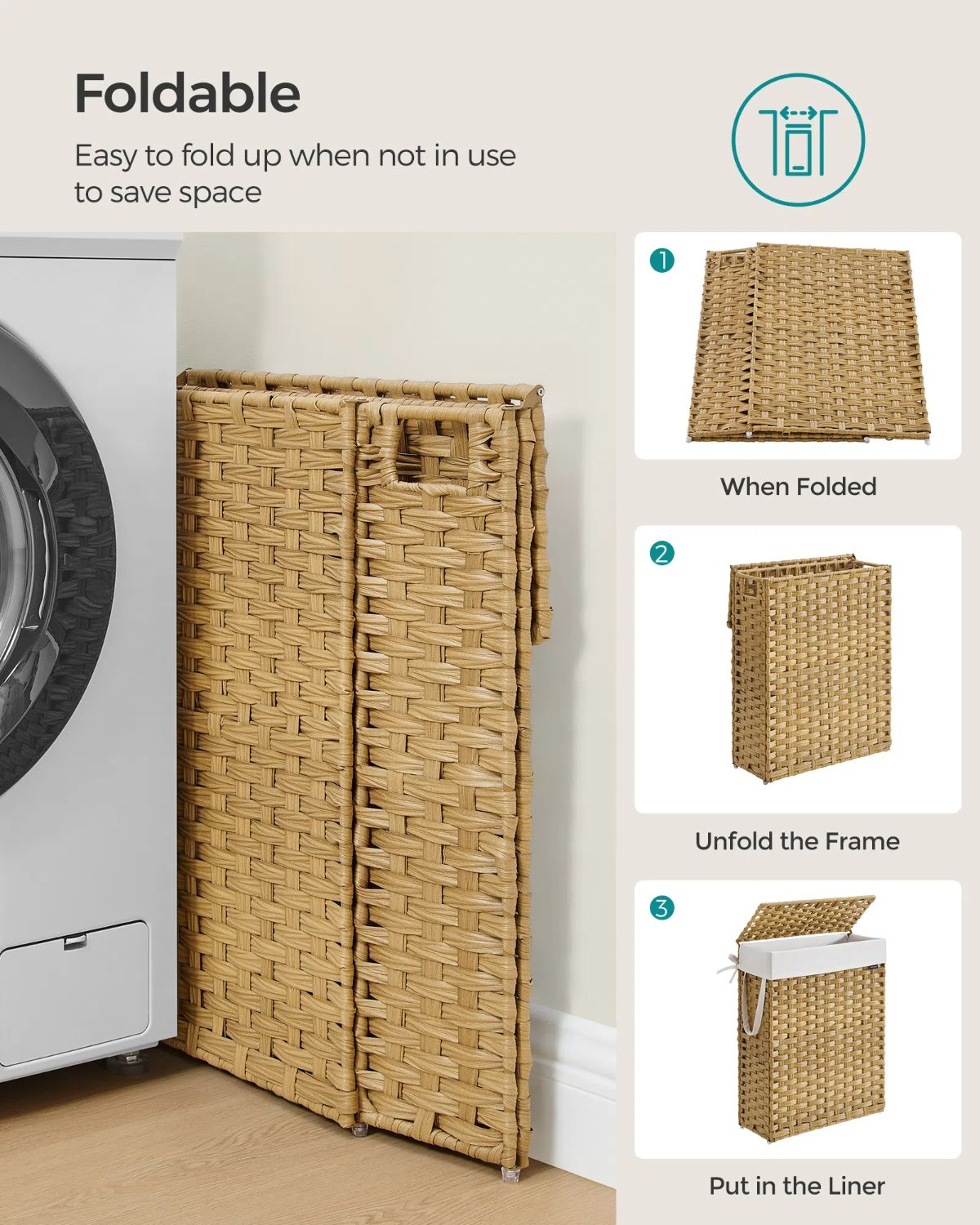 Slim Rattan Laundry Hamper with Lid and Handles, 14.5 Gallon (55L)