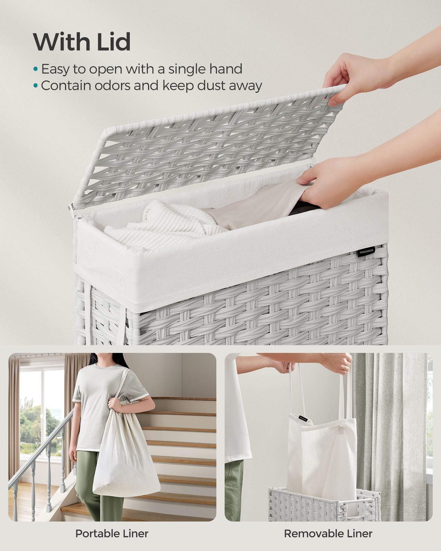 Slim Rattan Laundry Hamper with Lid and Handles, 14.5 Gallon (55L)