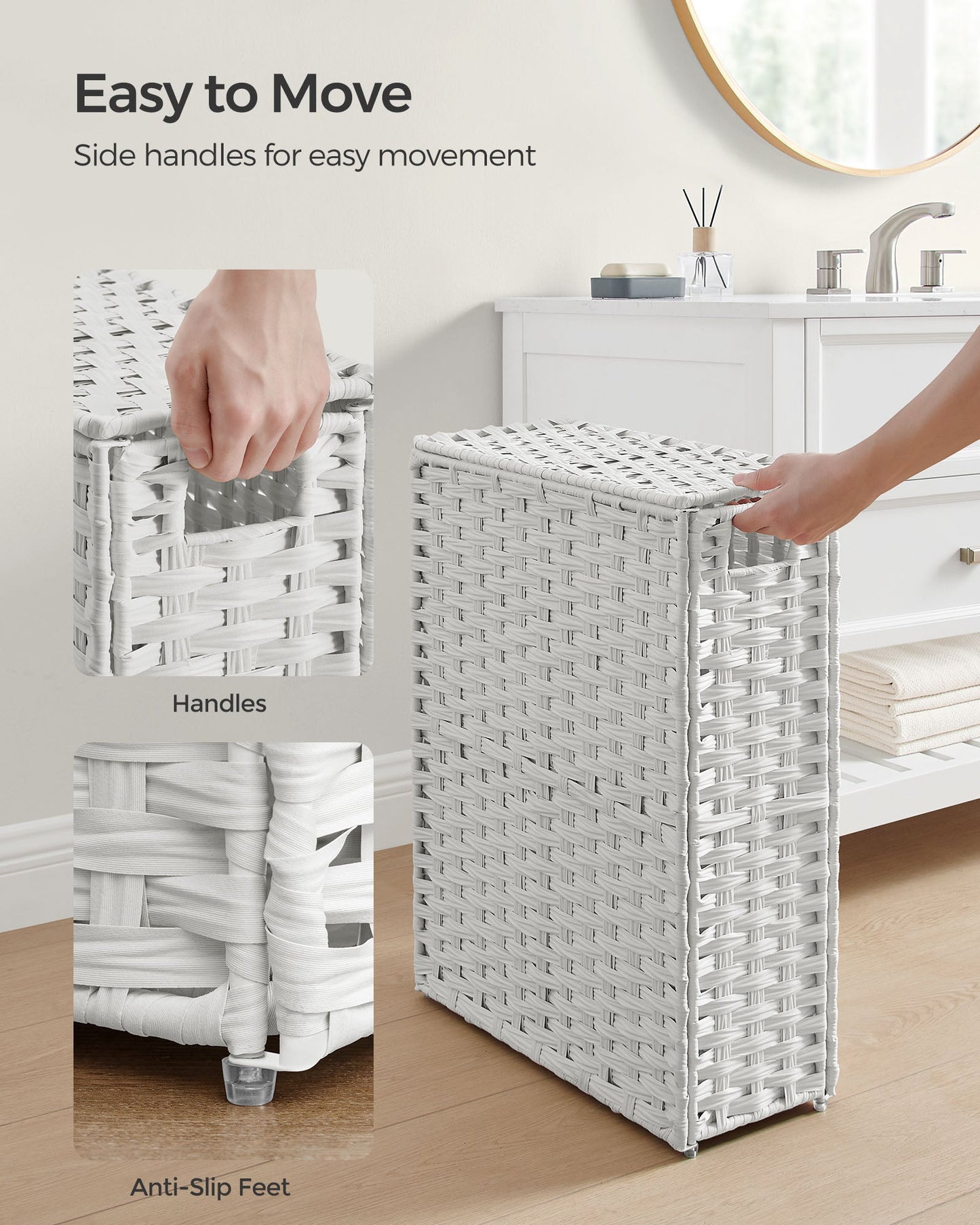 Slim Rattan Laundry Hamper with Lid and Handles, 14.5 Gallon (55L)