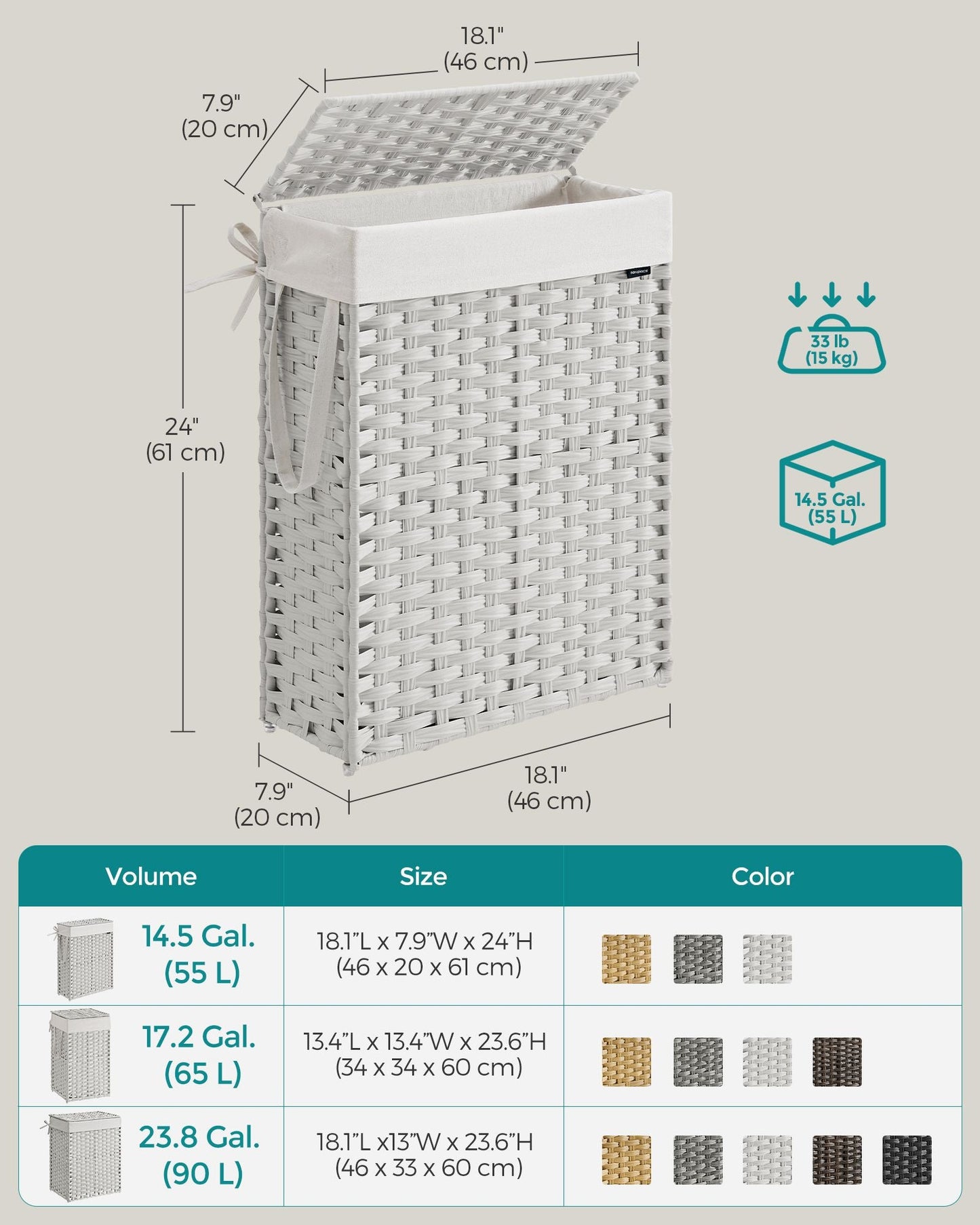 Slim Rattan Laundry Hamper with Lid and Handles, 14.5 Gallon (55L)