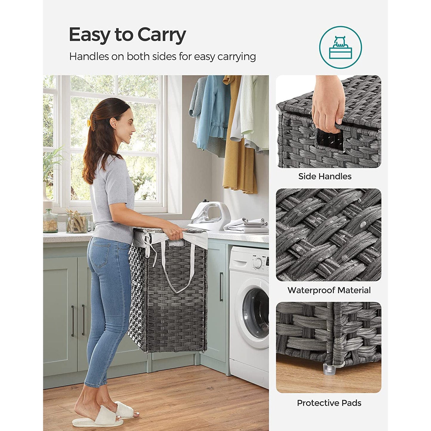 Laundry Hamper with Lid, 90L Clothes Hamper with 2 Removable Liner Bags, 6 Mesh Bags, Wicker Laundry Basket, Double Laundry Hamper for Bathroom, 13 x 18.1 x 23.6 Inches, Gray