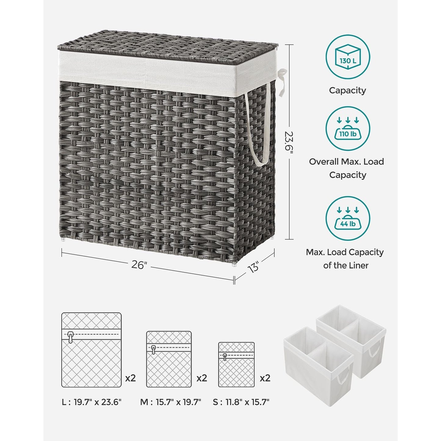 130L Clothes Hamper with 2 Removable Liner Bags