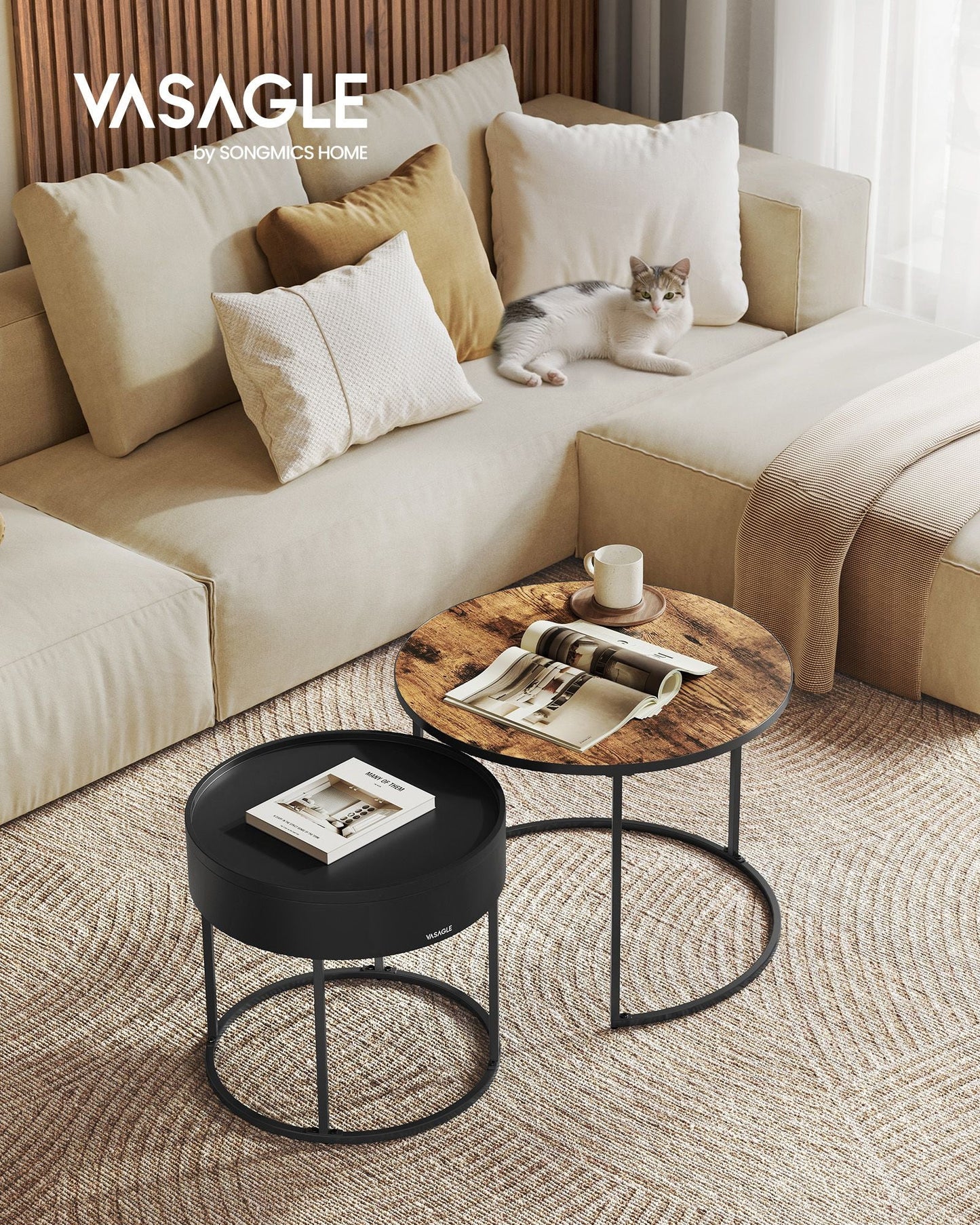 Round Coffee Tables with Hidden Storage and Top Tray, Set of 2