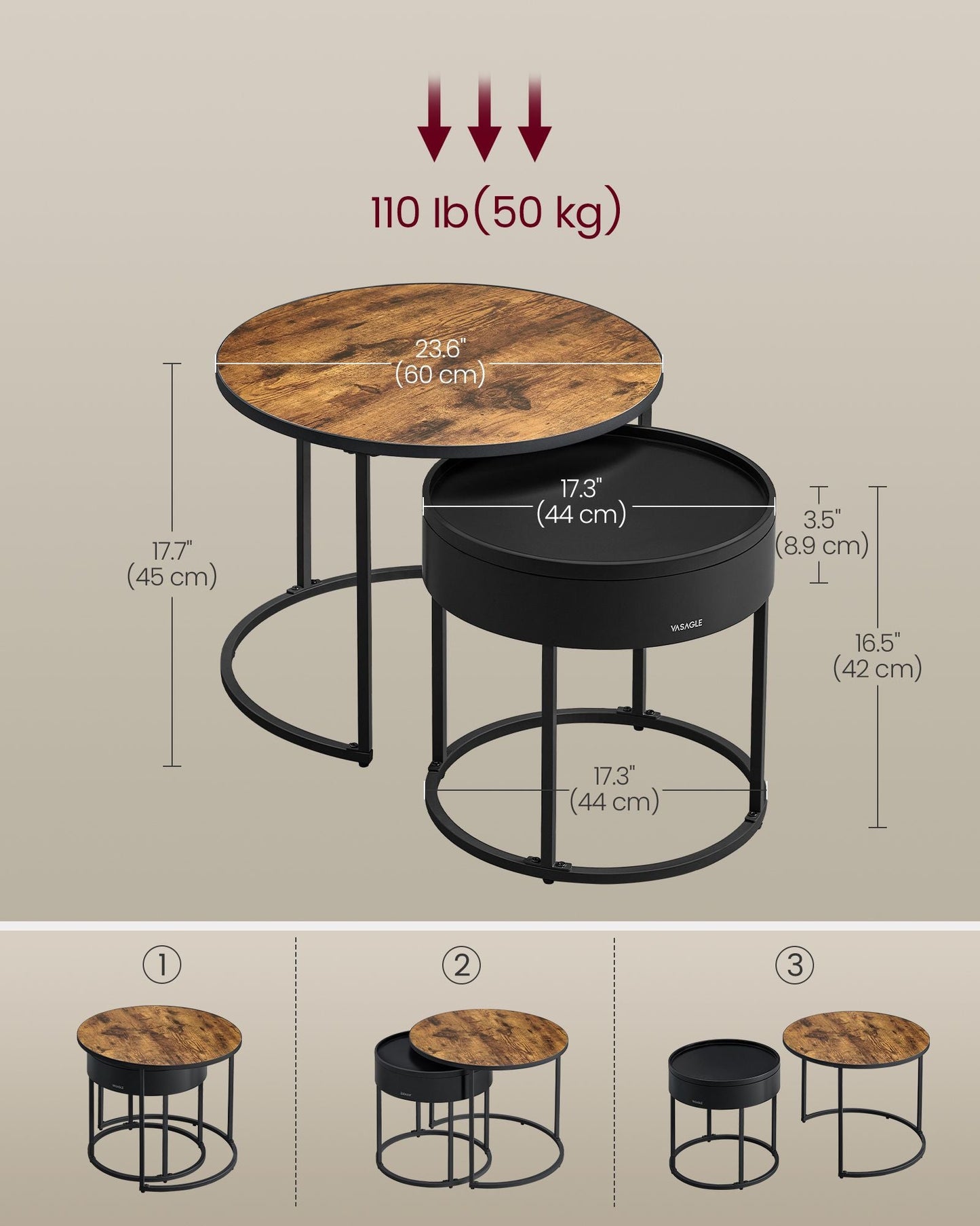 Round Coffee Tables with Hidden Storage and Top Tray, Set of 2