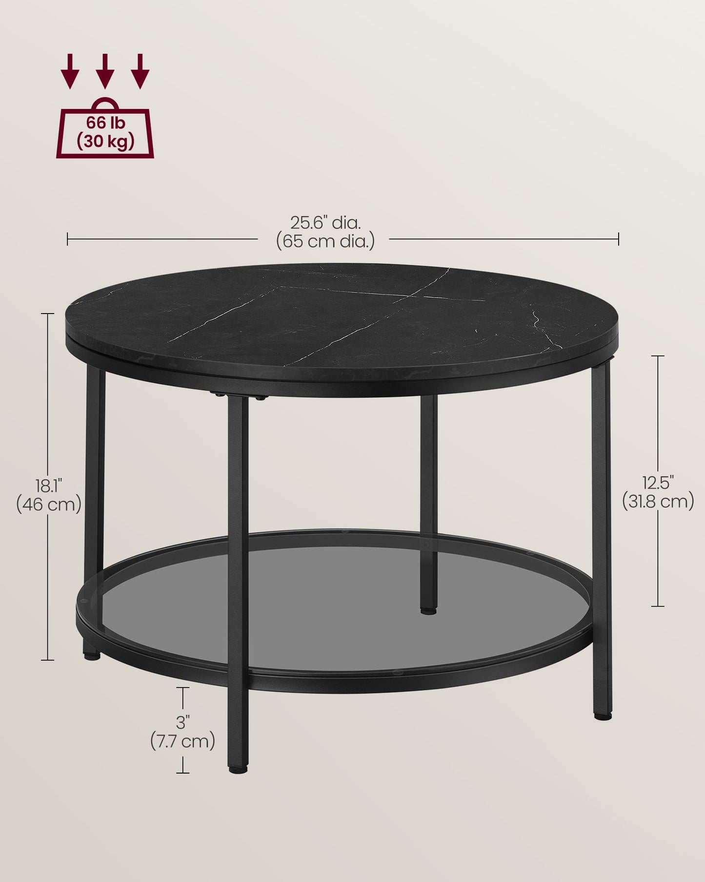 Round Coffee Table with Faux Marble Top and Glass Storage Shelf