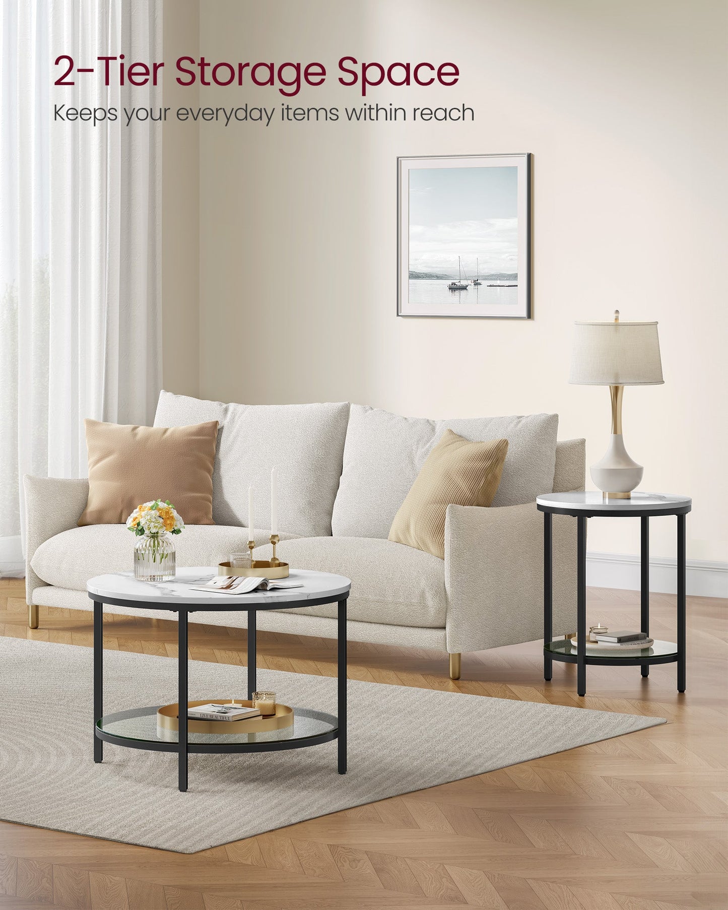 Round Coffee Table with Faux Marble Top and Glass Storage Shelf