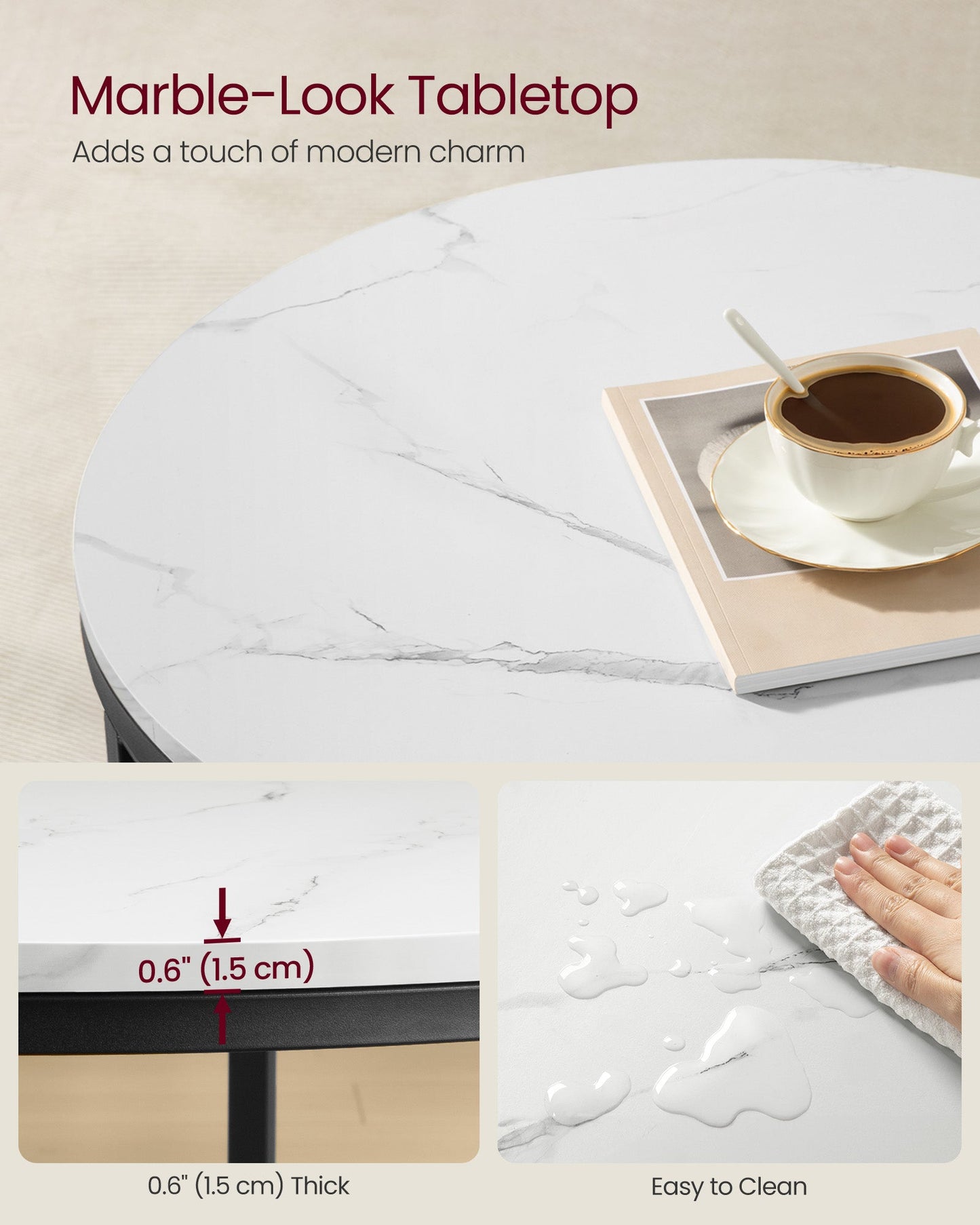 Round Coffee Table with Faux Marble Top and Glass Storage Shelf