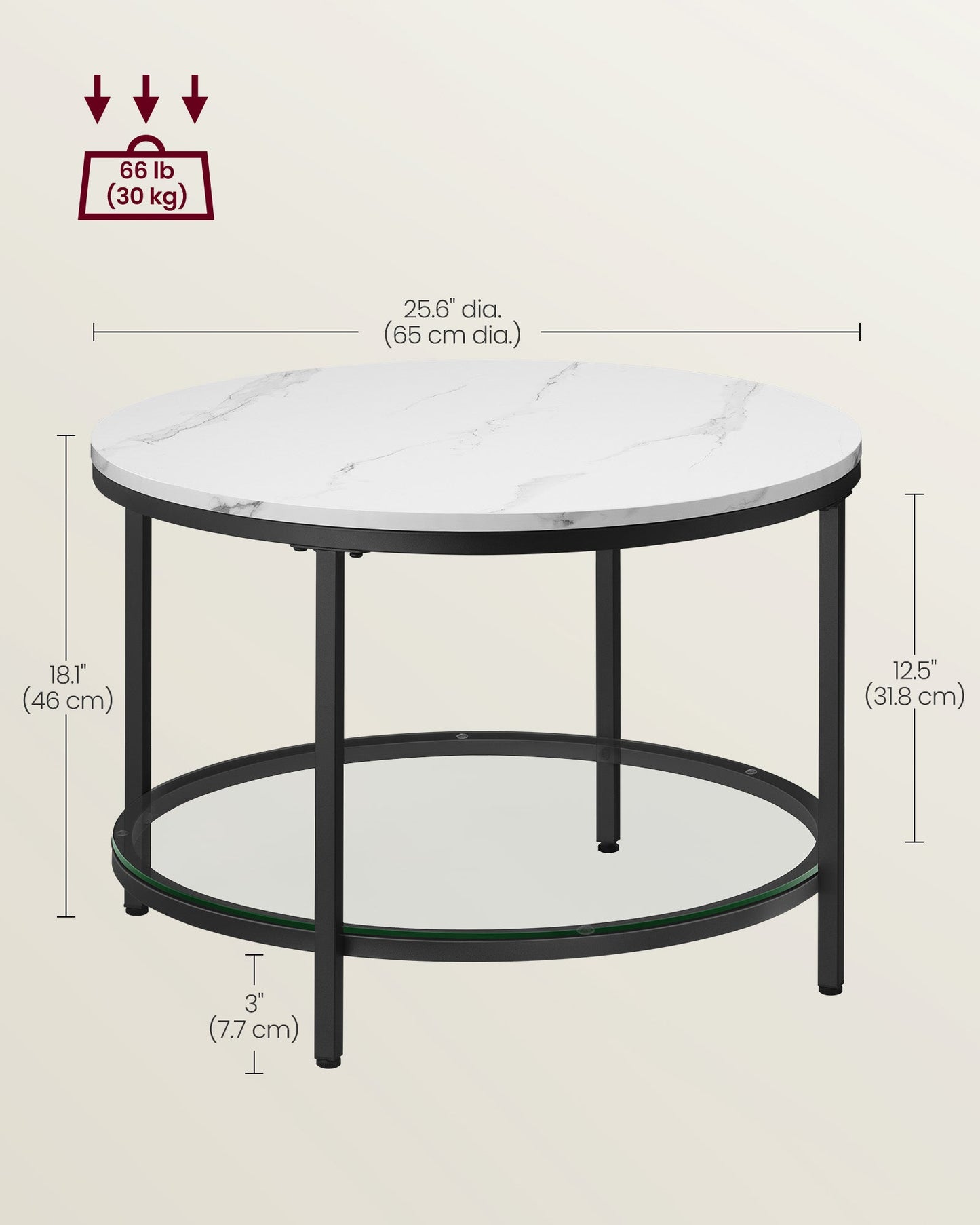 Round Coffee Table with Faux Marble Top and Glass Storage Shelf