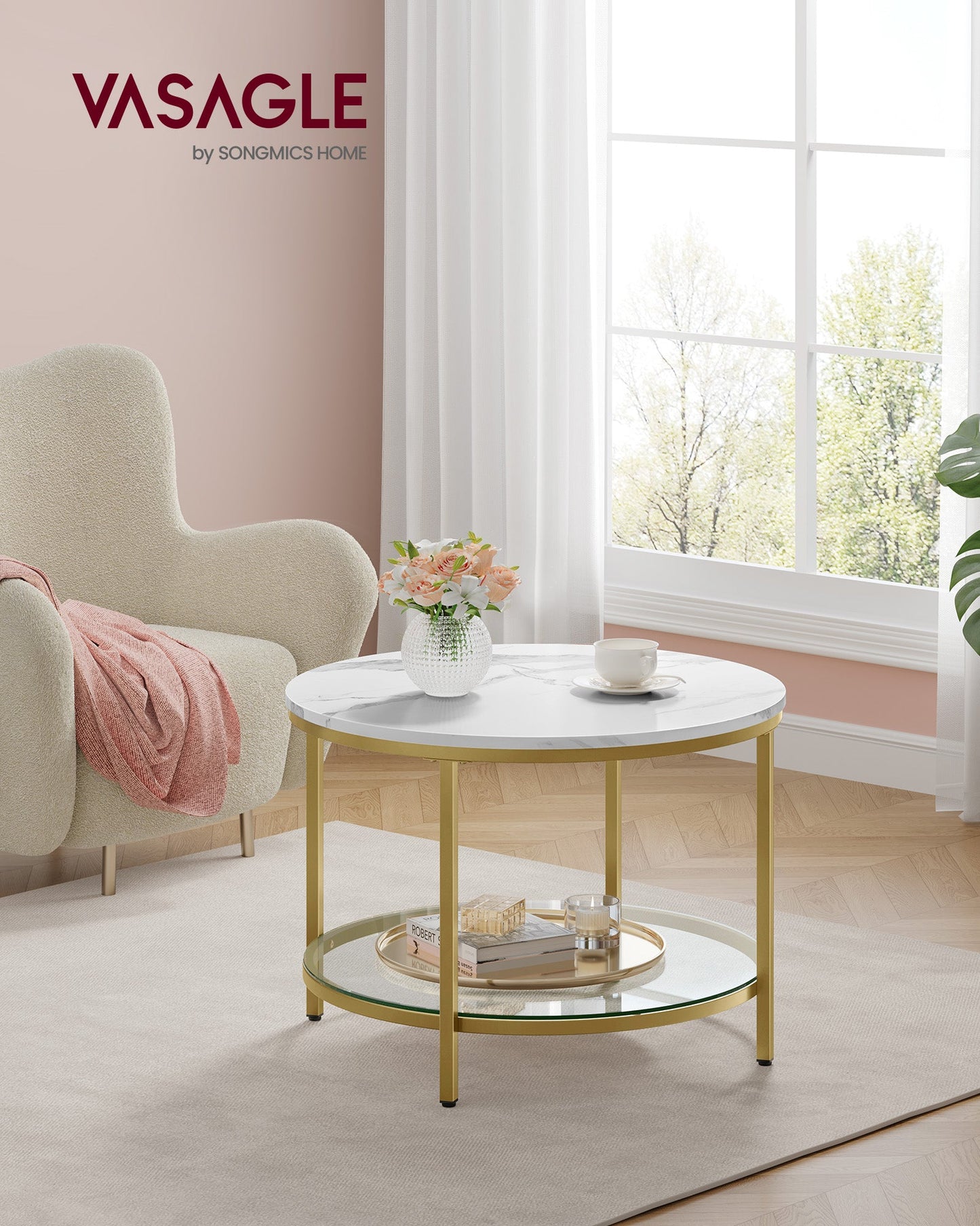 Round Coffee Table with Faux Marble Top and Glass Storage Shelf