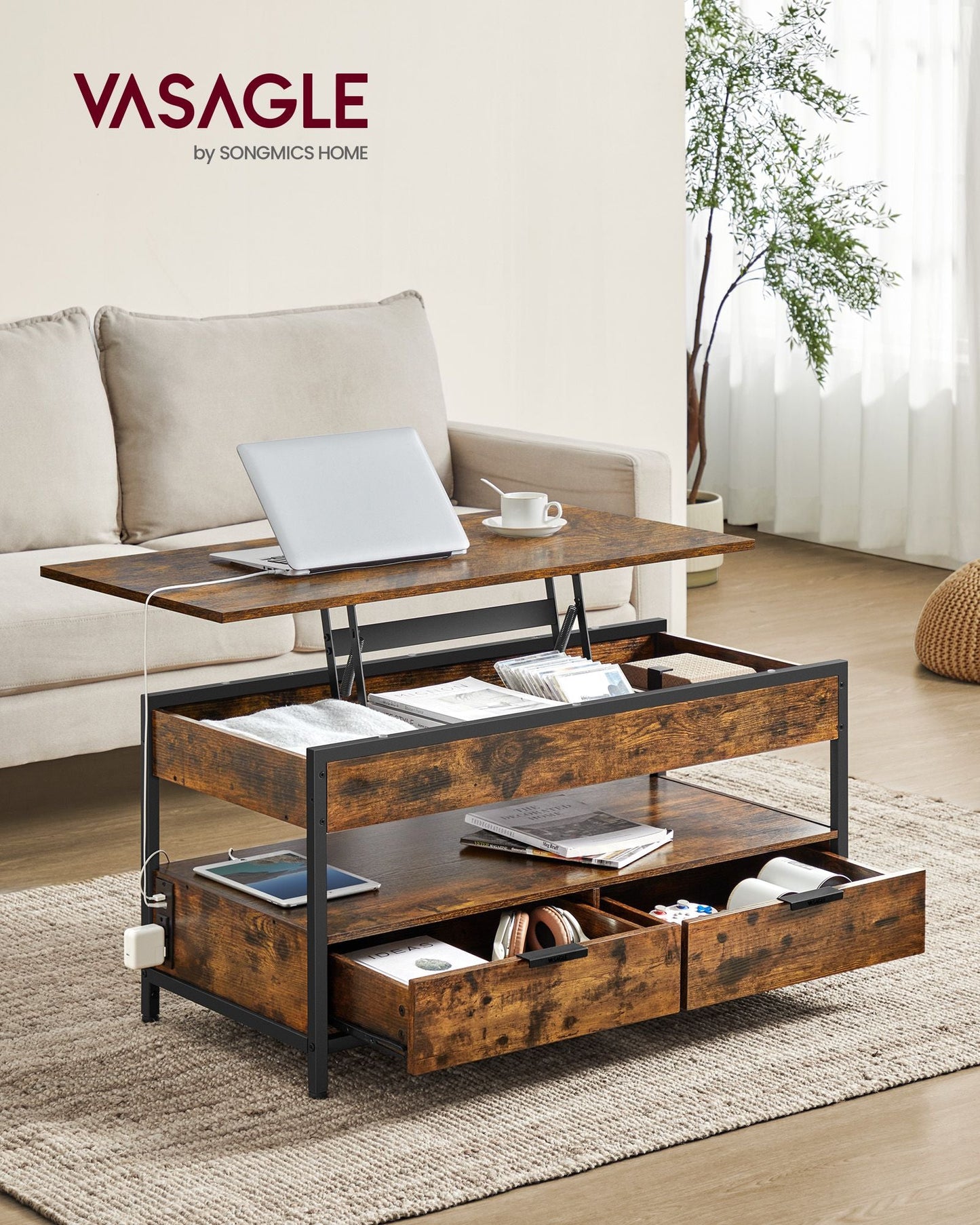 Lift Top Coffee Table with Storage Drawers and Charging Station
