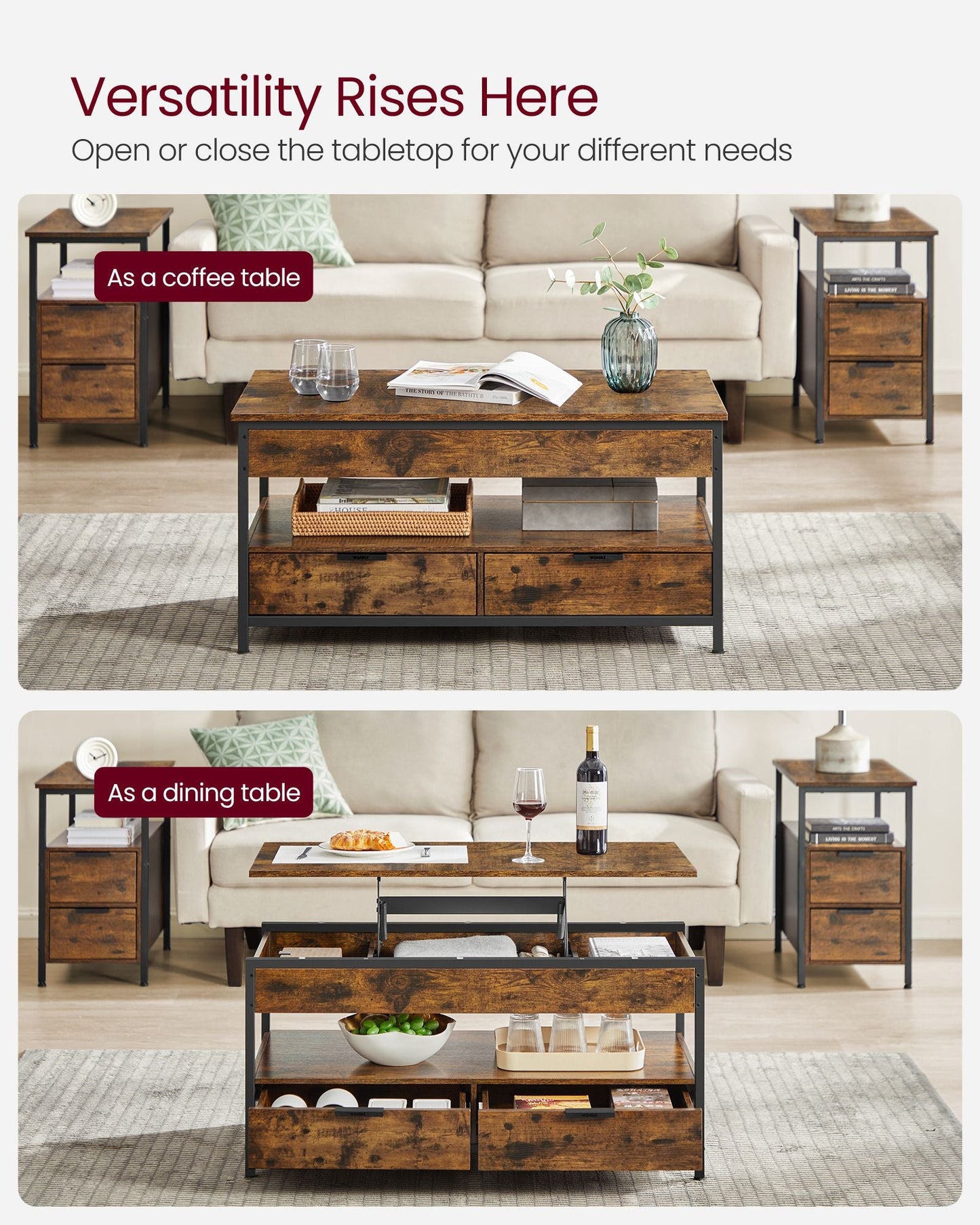 Lift Top Coffee Table with Storage Drawers and Charging Station