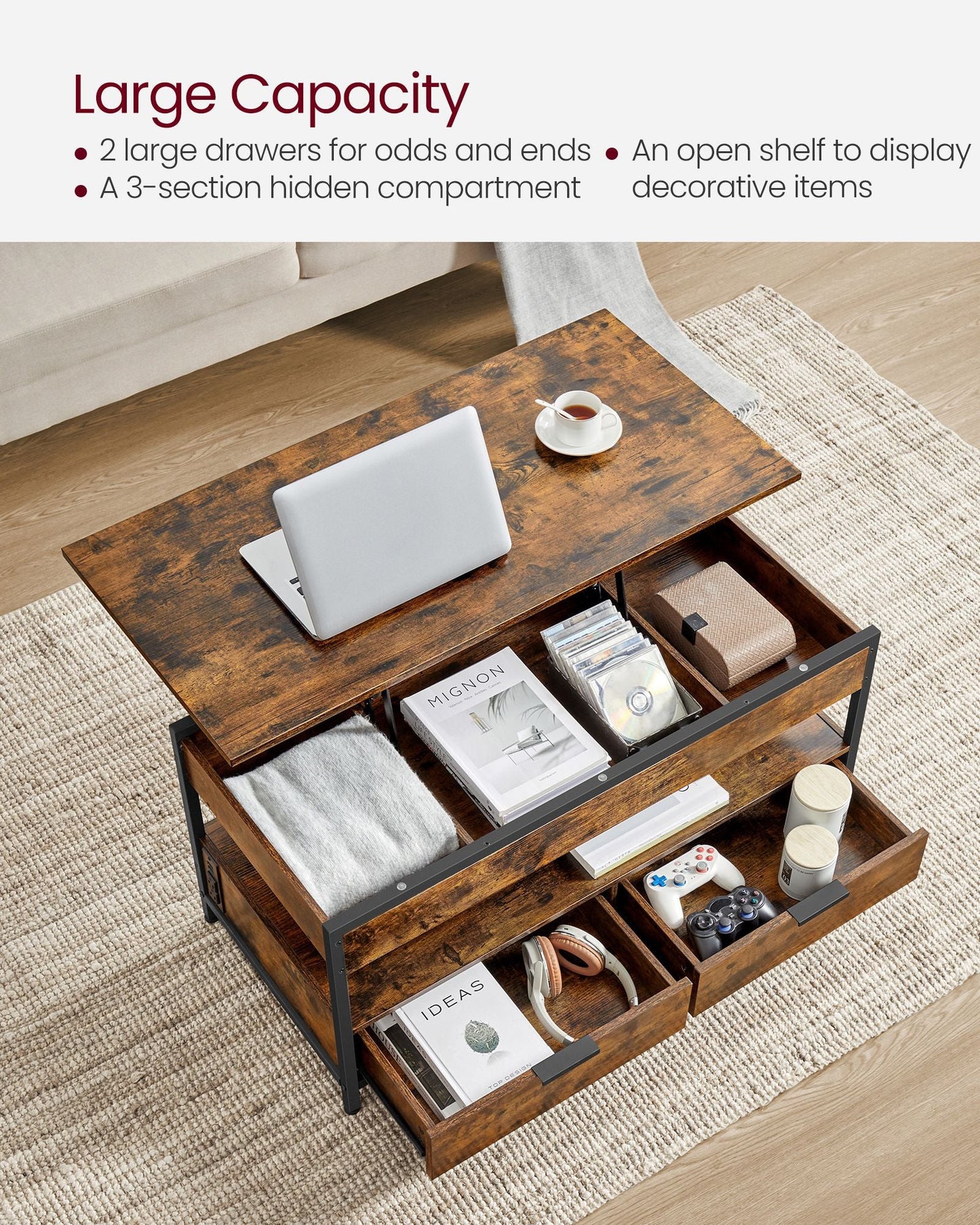 Lift Top Coffee Table with Storage Drawers and Charging Station