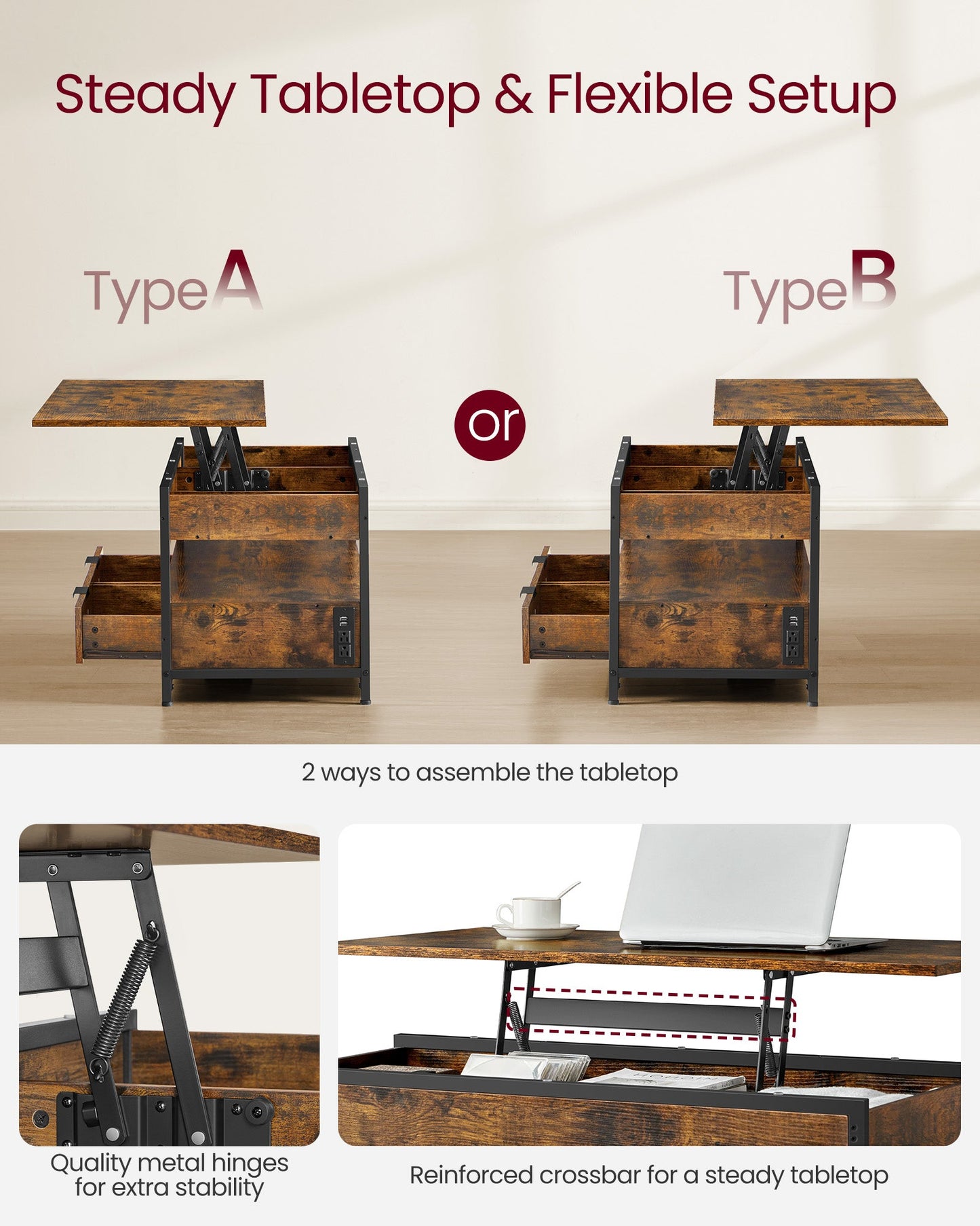 Lift Top Coffee Table with Storage Drawers and Charging Station