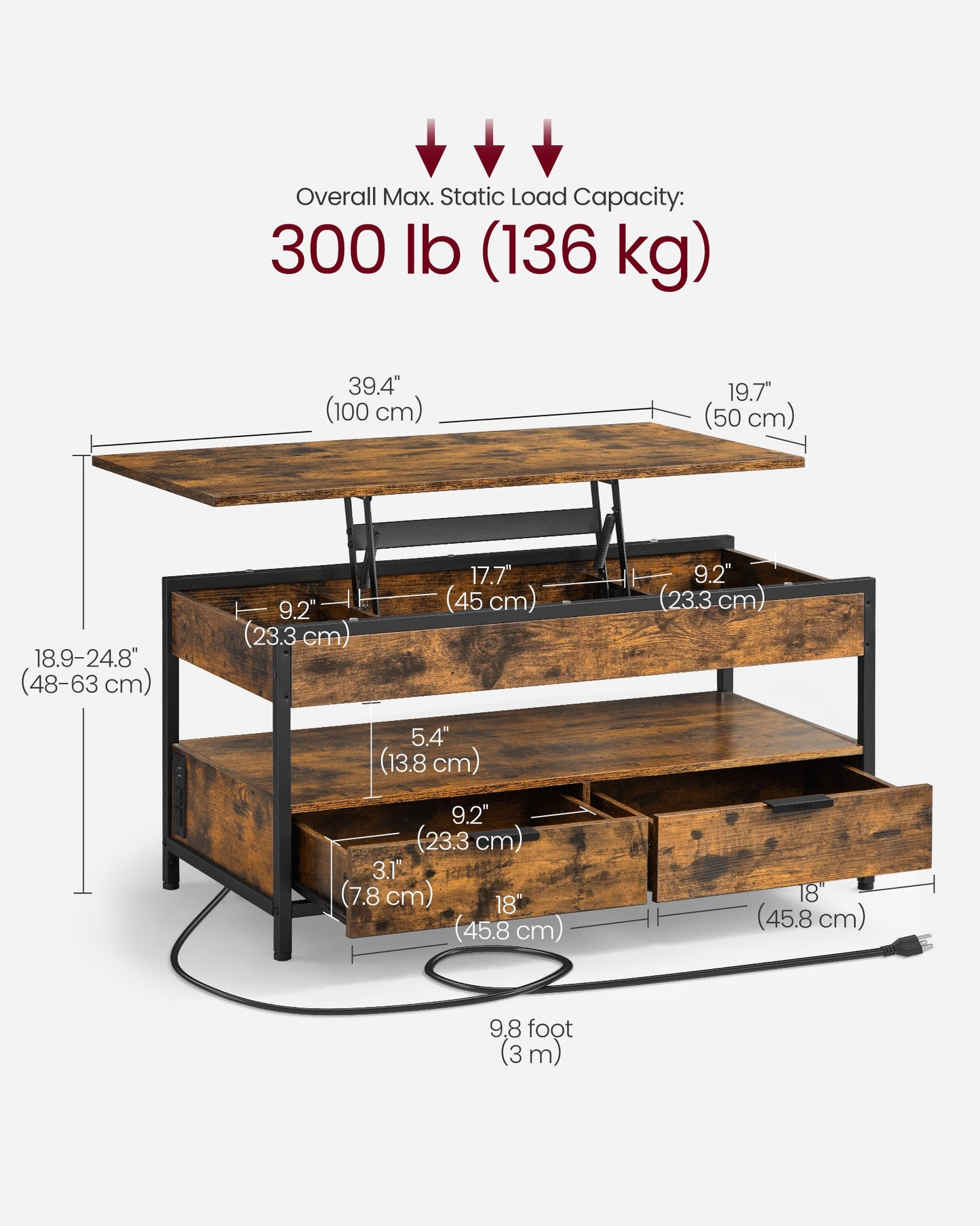 Lift Top Coffee Table with Storage Drawers and Charging Station