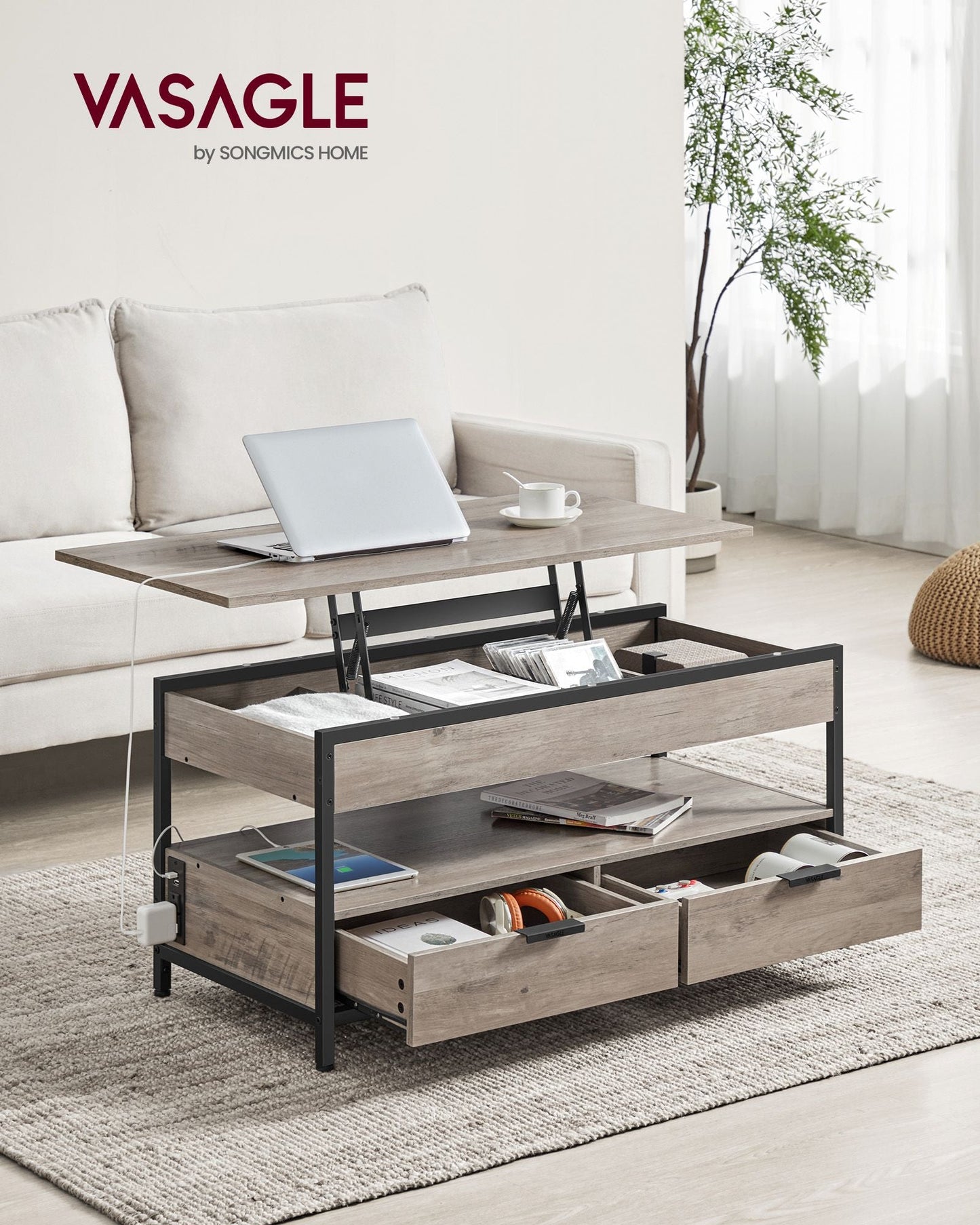 Lift Top Coffee Table with Storage Drawers and Charging Station