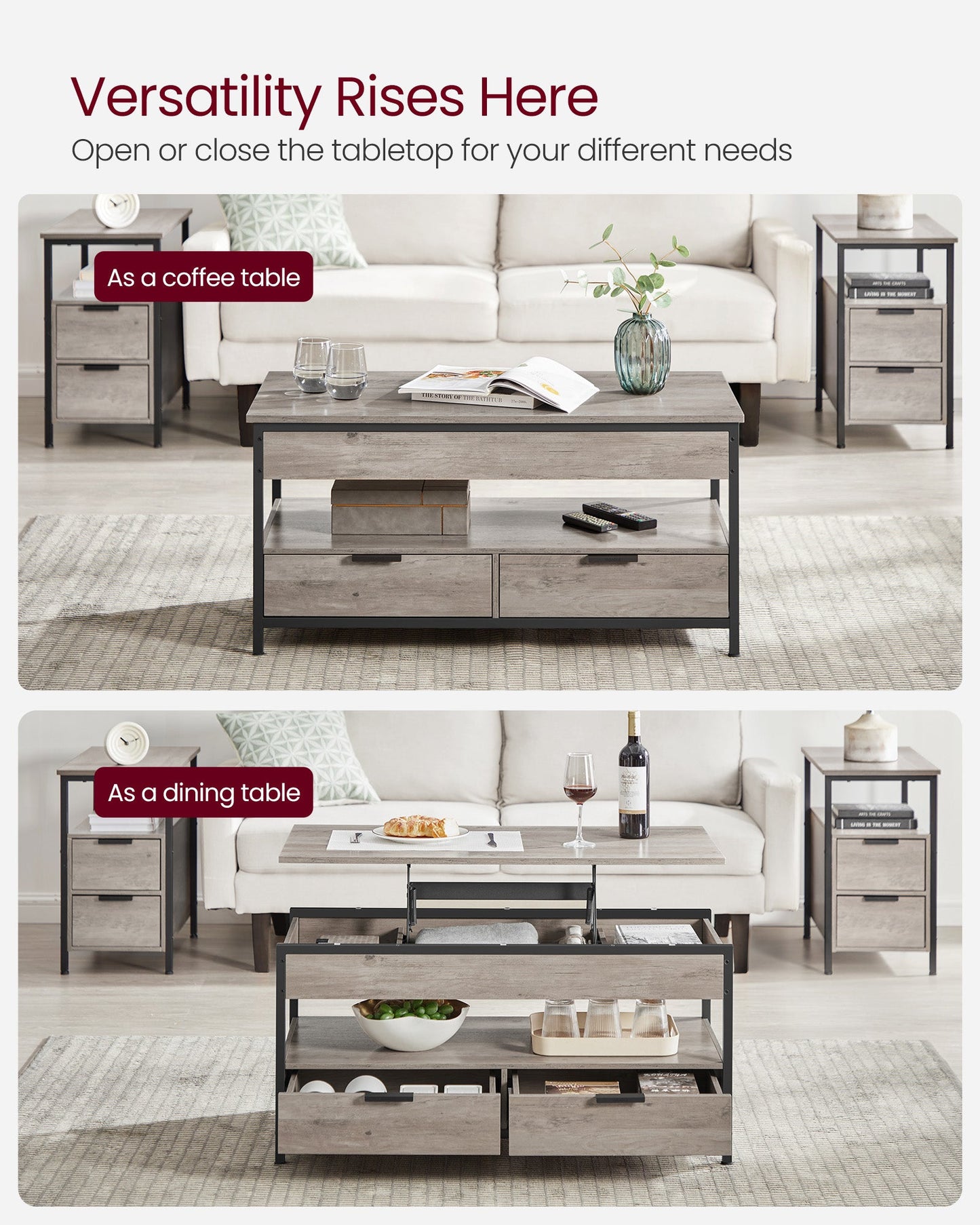 Lift Top Coffee Table with Storage Drawers and Charging Station