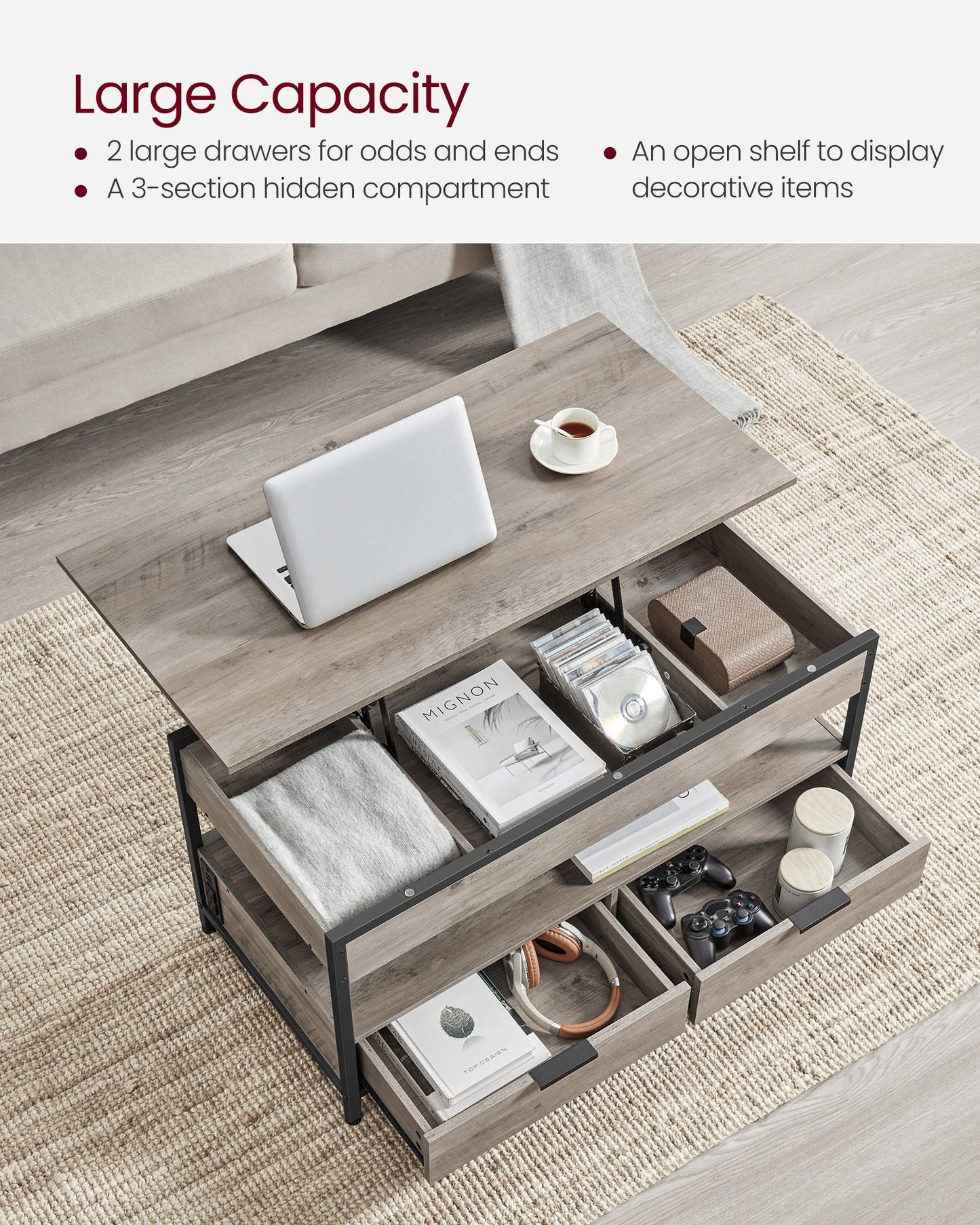 Lift Top Coffee Table with Storage Drawers and Charging Station