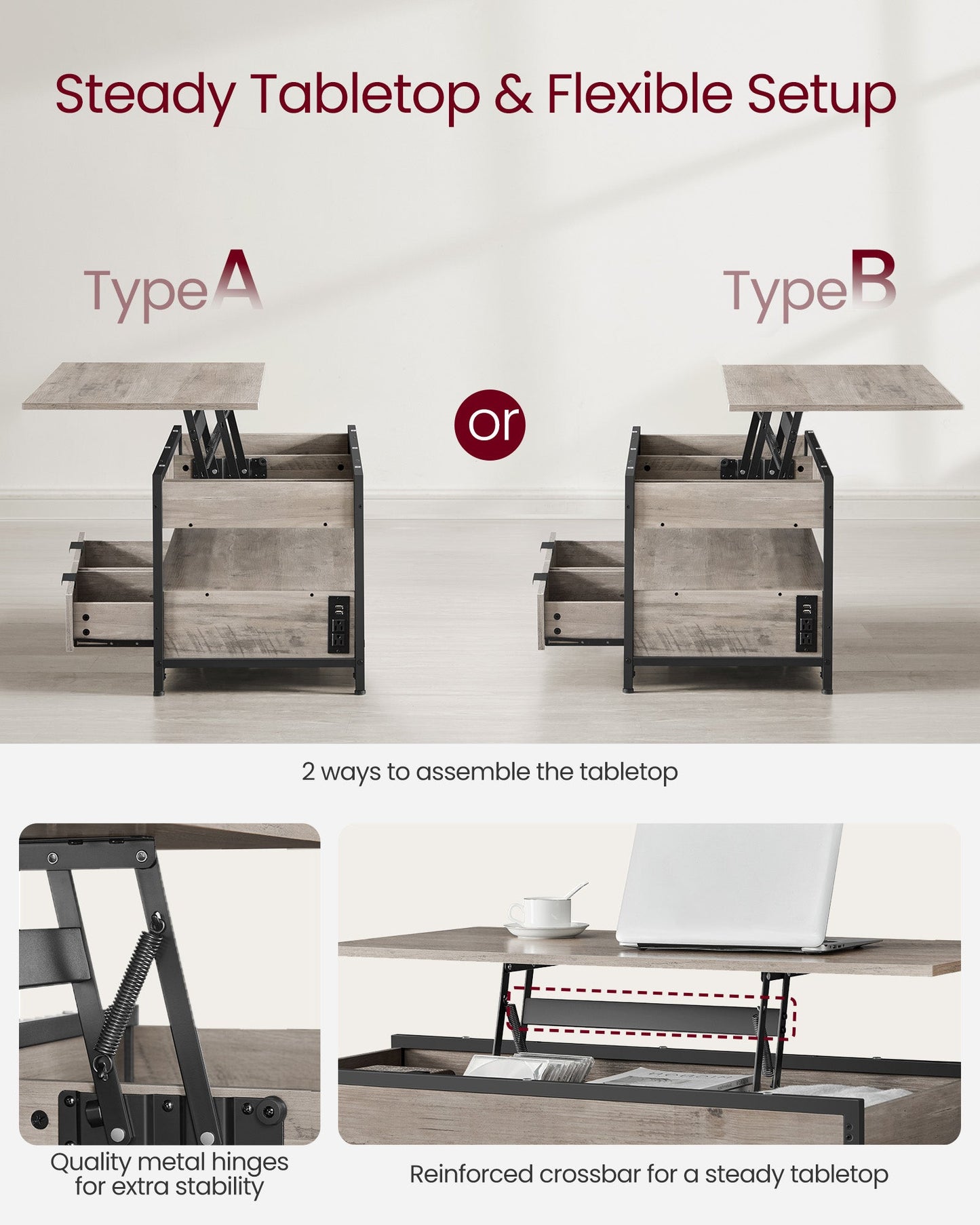 Lift Top Coffee Table with Storage Drawers and Charging Station
