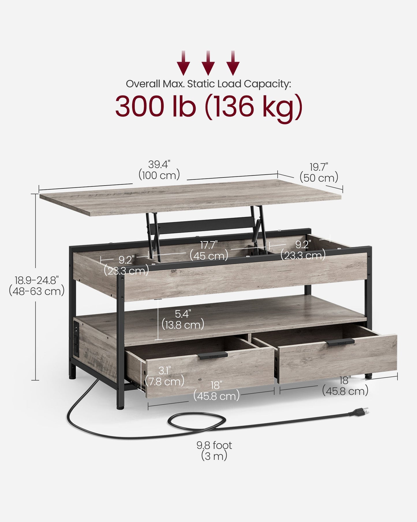 Lift Top Coffee Table with Storage Drawers and Charging Station