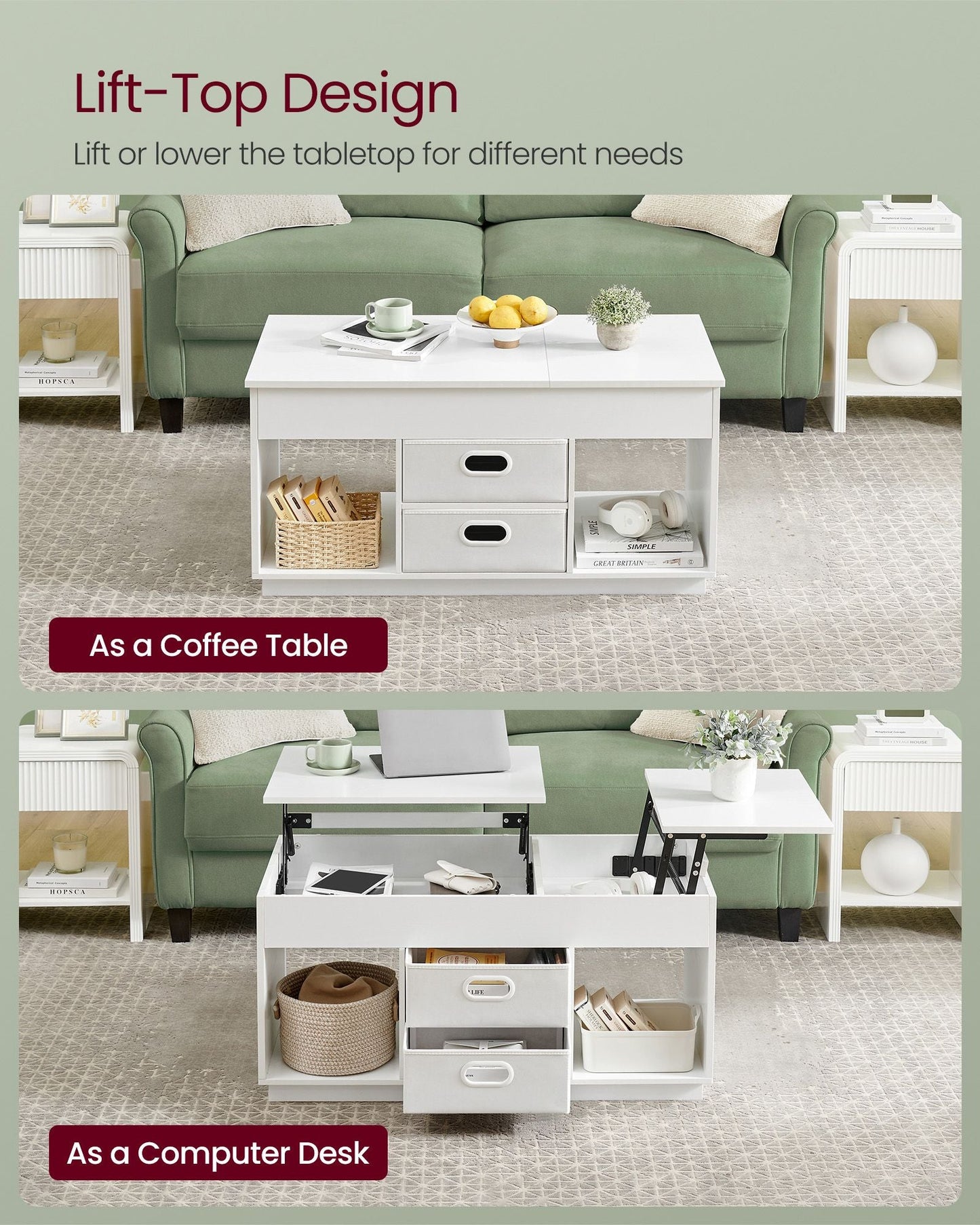 Lift-Top Coffee Table with 2 Drawers and Hidden Compartments
