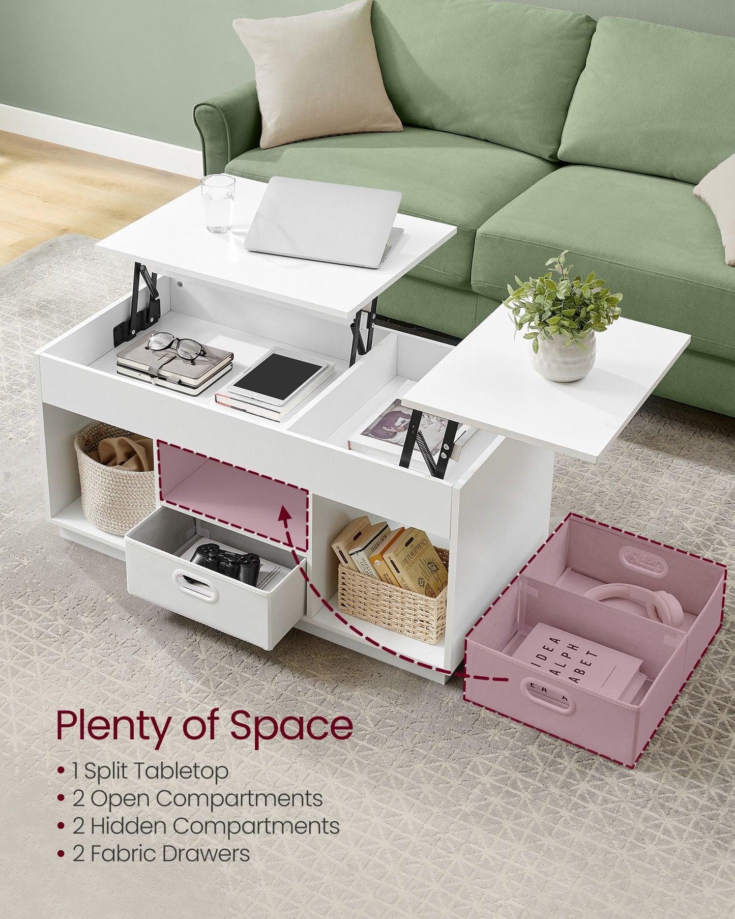 Lift-Top Coffee Table with 2 Drawers and Hidden Compartments