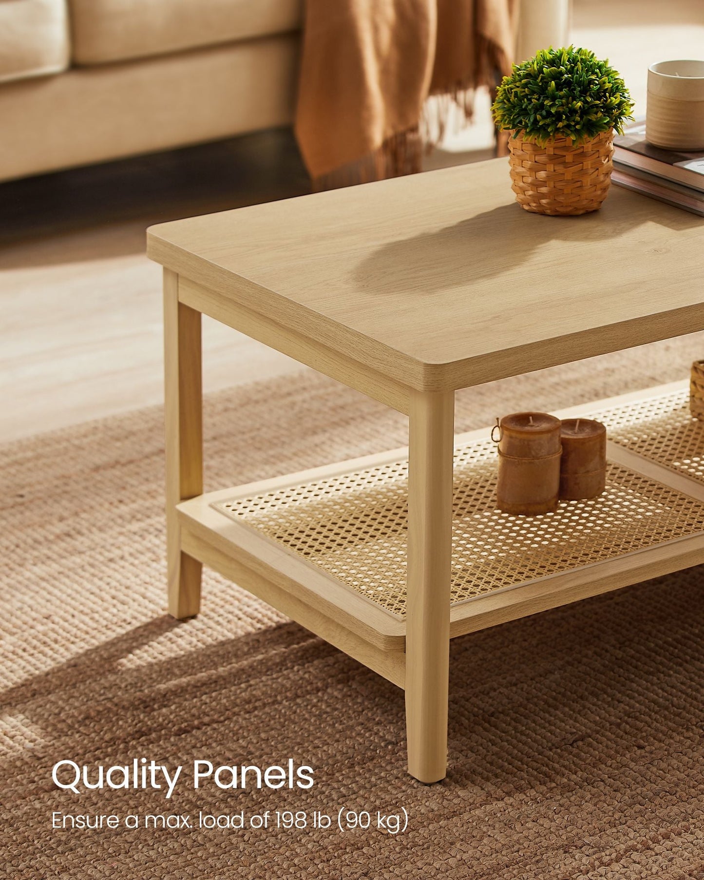 2-Tier Coffee Table with PVC Rattan Storage Shelf