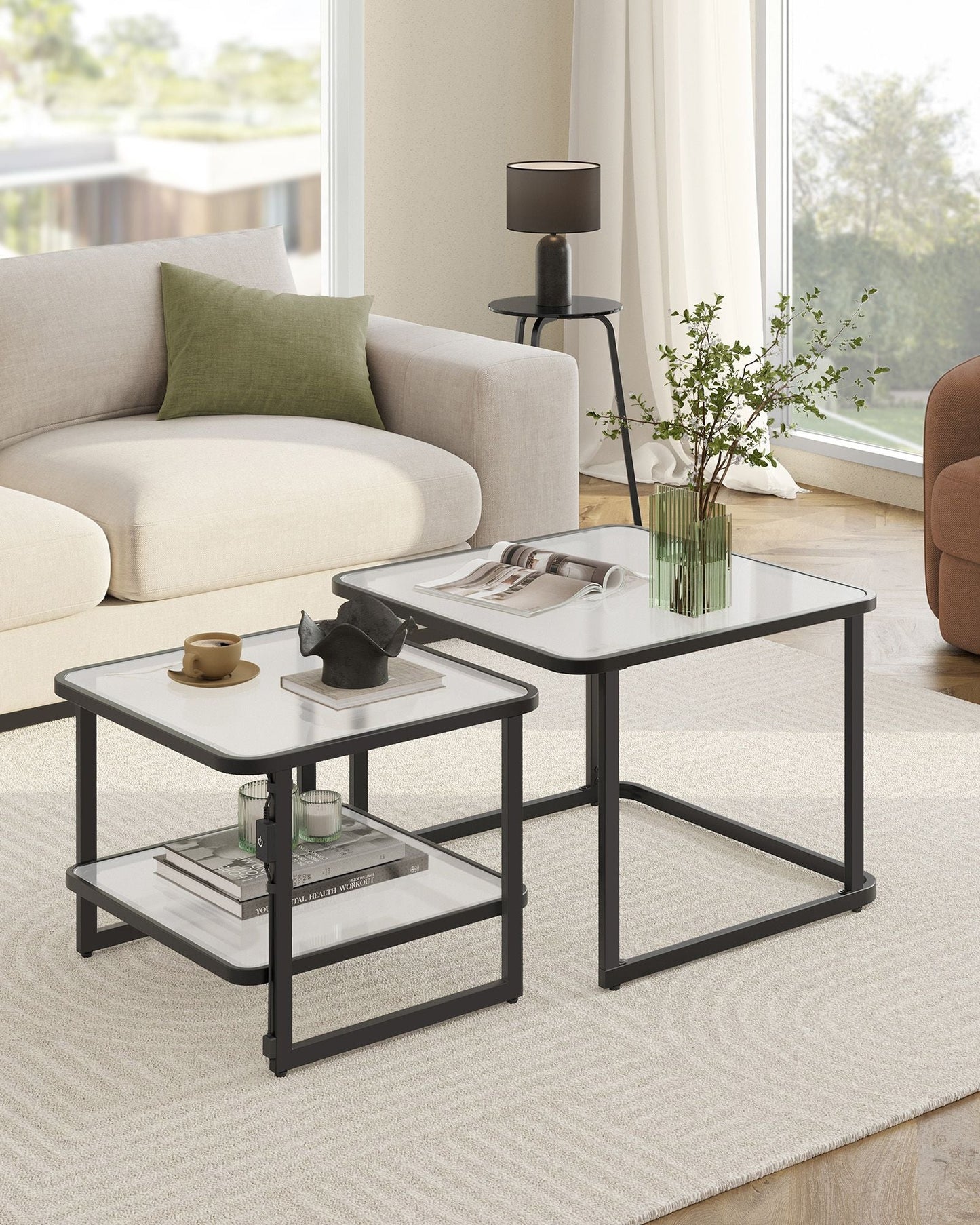 Frosted Glass Coffee Table with LED Lights Set of 2