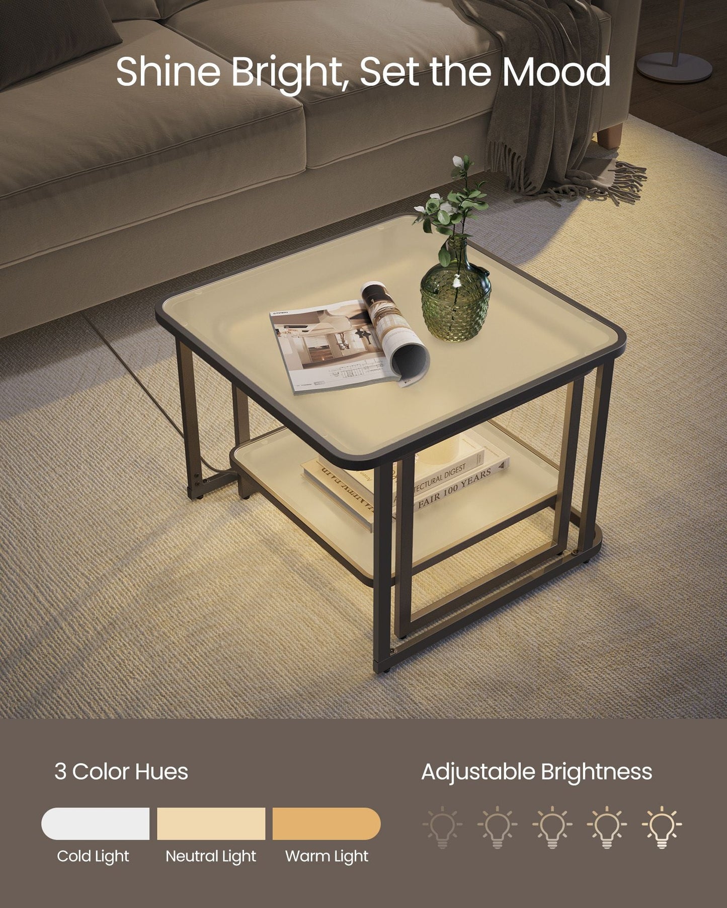 Frosted Glass Coffee Table with LED Lights Set of 2