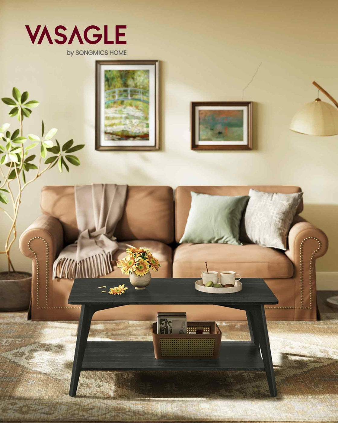 Coffee Table, 2-Tier Living Room Table with Storage, Center Table with Rounded Corners