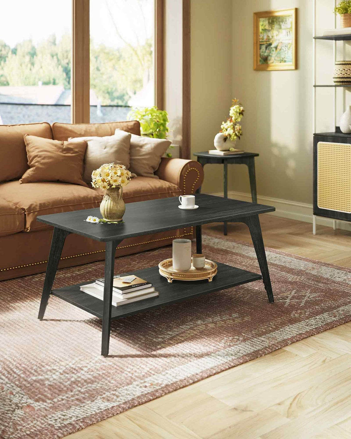 Coffee Table, 2-Tier Living Room Table with Storage, Center Table with Rounded Corners